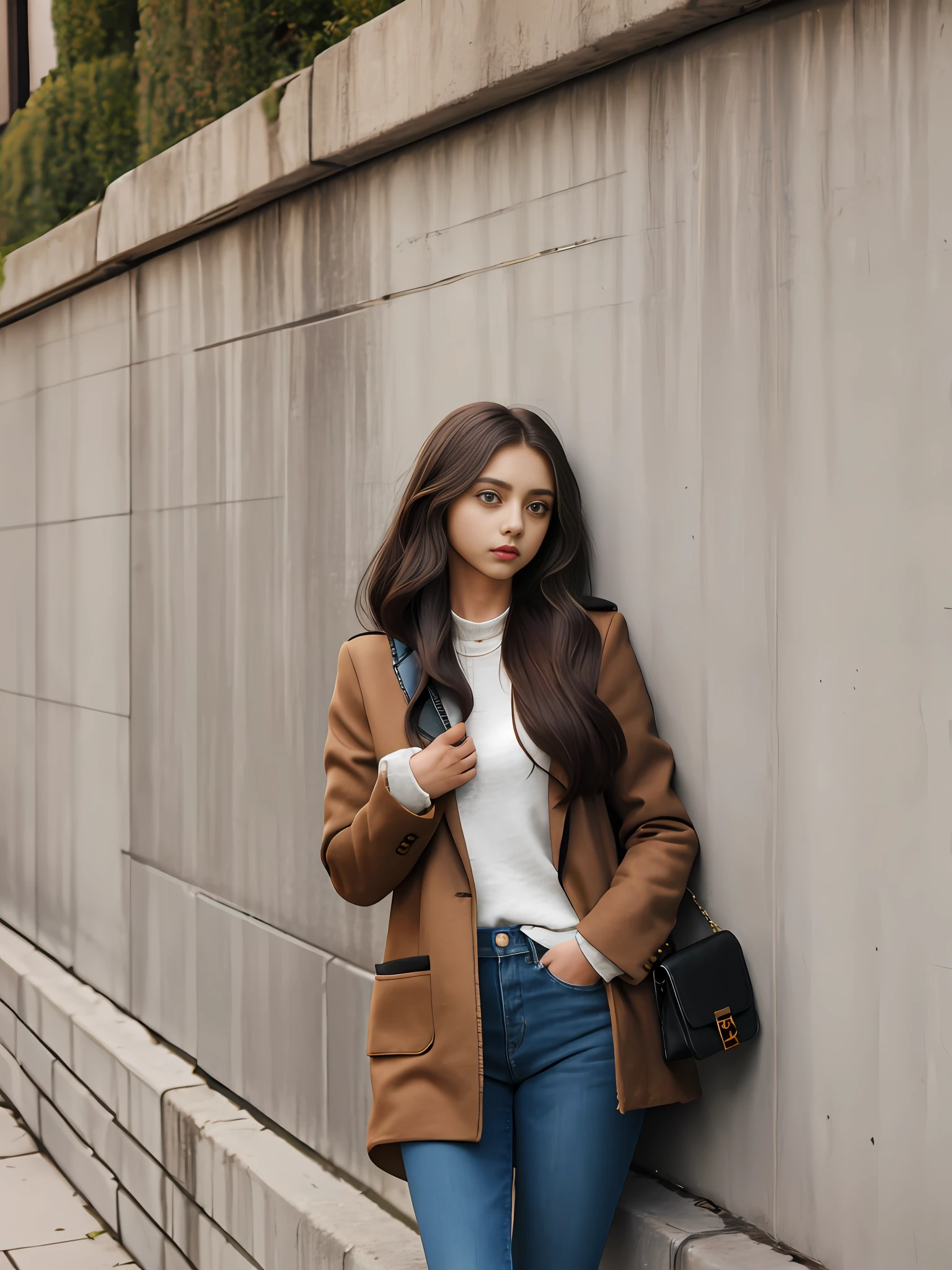 Woman leaning against the wall, holding purse and jacket, a young European and American woman, female fashion model, brown jacket, big eyes, long hair, slim figure, looking at the camera,