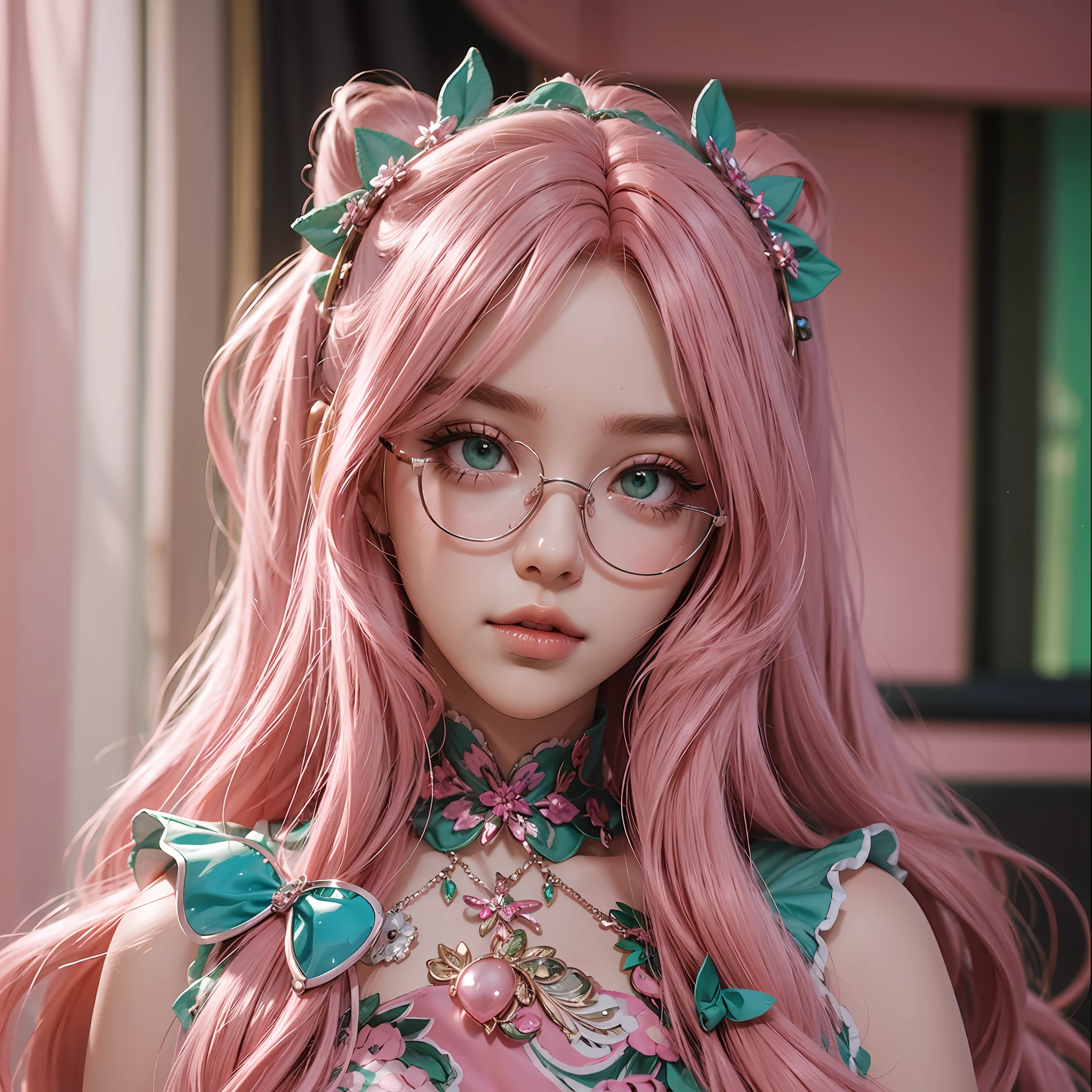 A beautiful woman, long pink hair, green eyes, glasses in pink color dressed in the outfit of the Barbie Surrealism doll, 8k, super detail --auto --s2