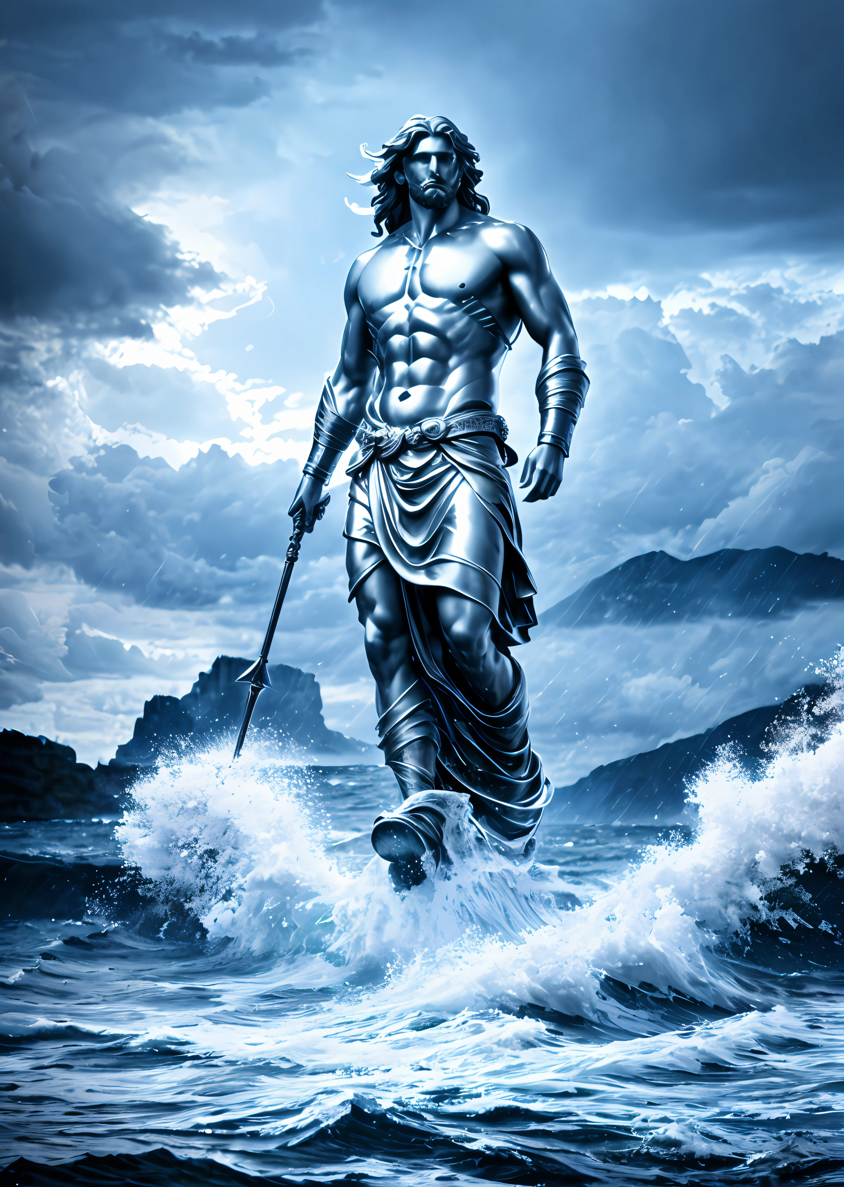 Poseidon walking on water in a storm, soft expression, streaks of light descending from the sky, masterpiece, high quality, high quality, highly detailed CG unit 8k wallpaper, award-winning photos, bokeh, depth of field, HDR, bloom, chromatic aberration, realistic, very detailed, trend in artstation, trend in CGsociety, complex, high detail, dramatic, art in the middle of the journey,  Volumetric lighting