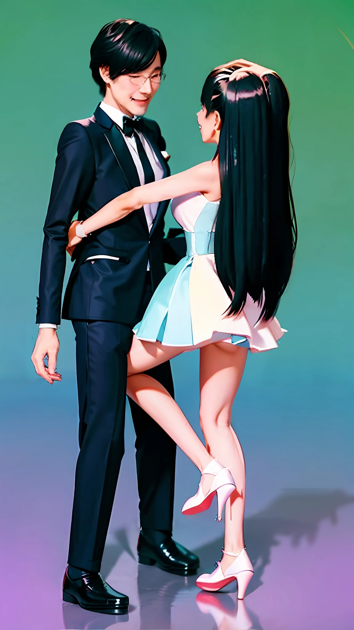 cartoon of a man and woman in formal attire standing next to each other, couple pose, dancing with each other, dancing in the background, doing an elegant pose over you, couple dancing, elegant pose, doing an elegant pose, mikudayo, cute elegant pose, stylish pose, yandere. tall, standing elegant pose, anime pose, anime styled 3d