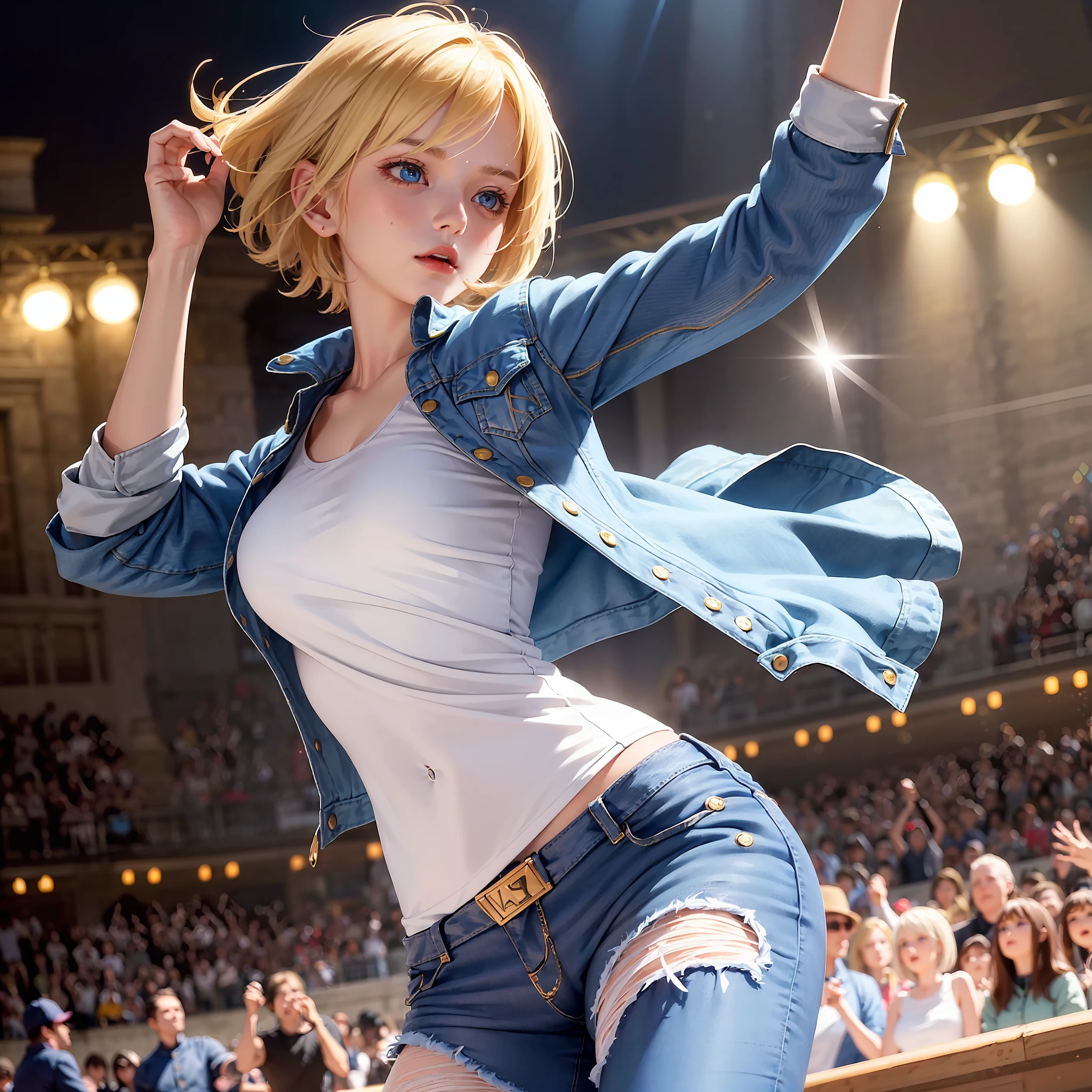 (((1 girl, cute, denim jacket, white top, jeans, Gloves, blond, short hair, bob hair, side parted hair, blue eyes))), (((blond hair))),
dynamic poses, manga style, depicting a group of characters in various action scenes, from intense battles to lighthearted moments, with dramatic speed lines and bold sound effects, capturing the excitement and energy of the story, Laser rays from the palm of hand, Attack forward with palm, yellowstone park, Grand Canyon,