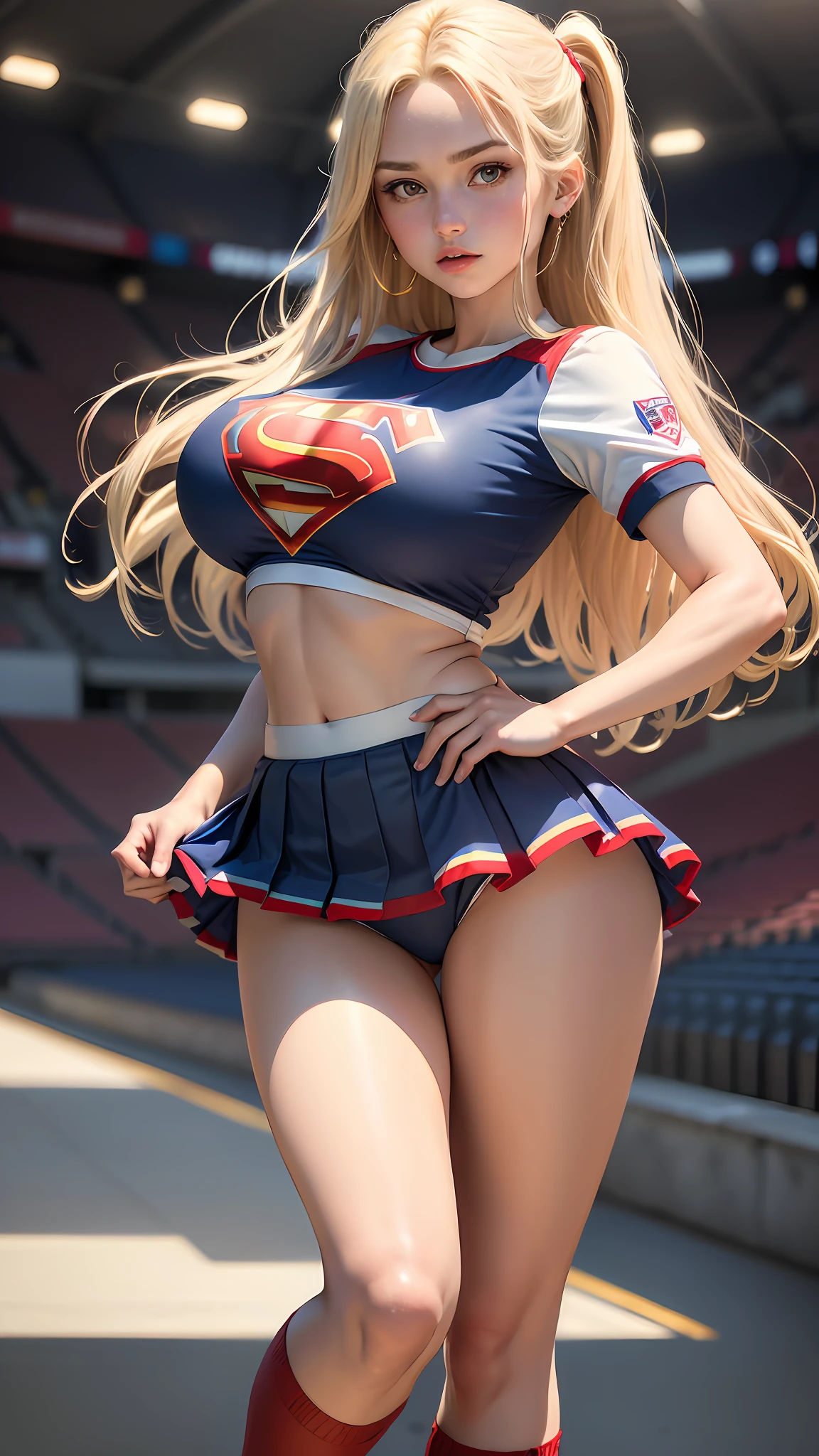 ((Best quality, masterpiece, absurdists)) supergirl: 1.5, 1girl, woman ((19 years old, huge breasts, long blonde hair)) , wearing cheerleader uniform ((cropped long navy blue short sleeve top and red pleated supergirl skirt, garters, white sock)), sexy body, cute girl, bathing suit, perfect body, warm with bright sun, cheerleader supergirl costume, american football stadium,  full body