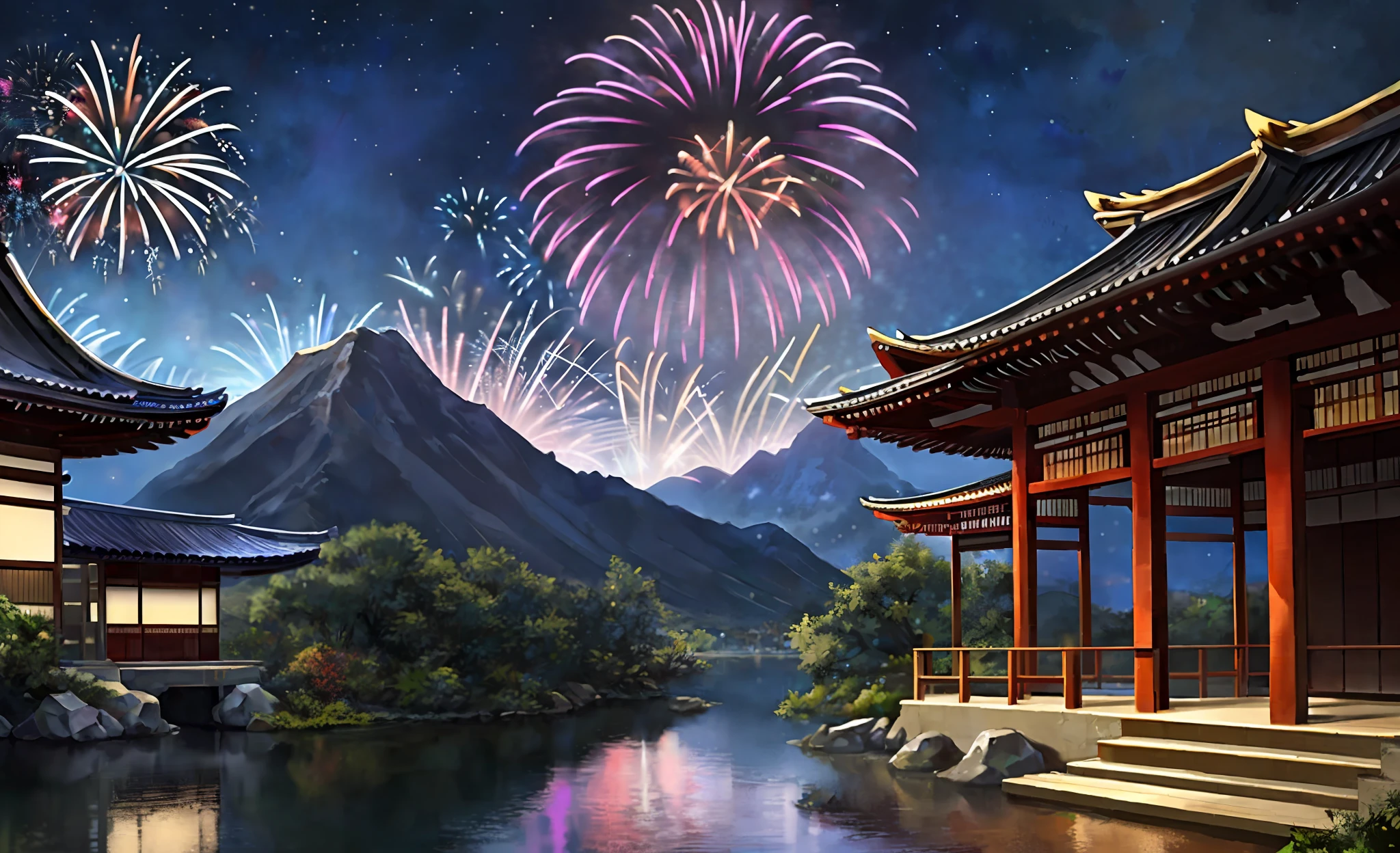 (best quality:1.2), (masterpiece:1.1), (ultra-detailed illustration:1.2), (cowboy shot),(side view),looking up to the sky, bloom effect,ultra detailed face,from above,kemono,1male,anthro (wolf), solo, middle-aged, gray fur,muscular,big biceps, black (beard),standing, smile, fangs out,(print kimono),east asian architecture:0.35), ((fireworks)),night sky, ancient japan, no modern buildings, beautifil and aesthetic, dreamy, dark and blurred valley landscpae,detailed background, mountain, night sky, happy, stars, moon, soft shadow, warm illumination, bloom, contrast,light against dark reflection,obi, cinematic, dramatic light,wide dynamic range,8k, hdr, low light:1.2, by Pino Daeni, (by ruaidri), by virtyalfobo