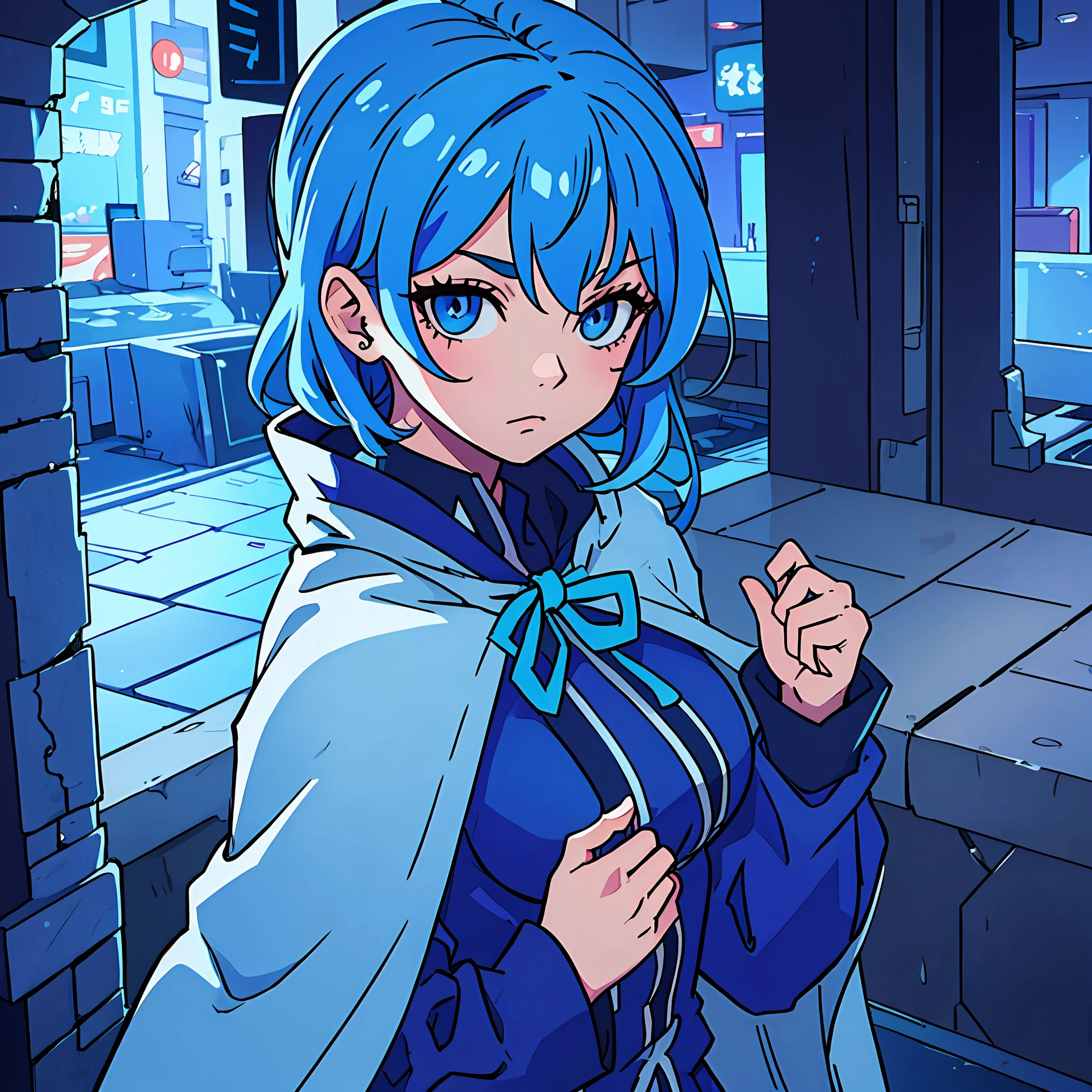 (anime mode), mysterious girl, hidden by a cape, blue hair, bright blue eyes