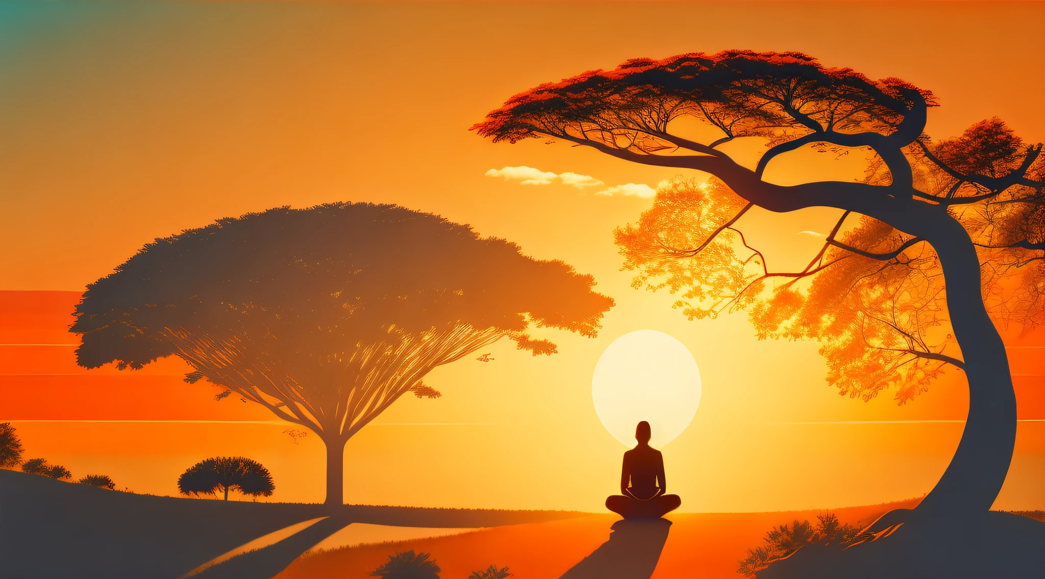Silhouette of a person in meditation in the shade of trees, orange sunset, realistic environment, high resolution (4K)