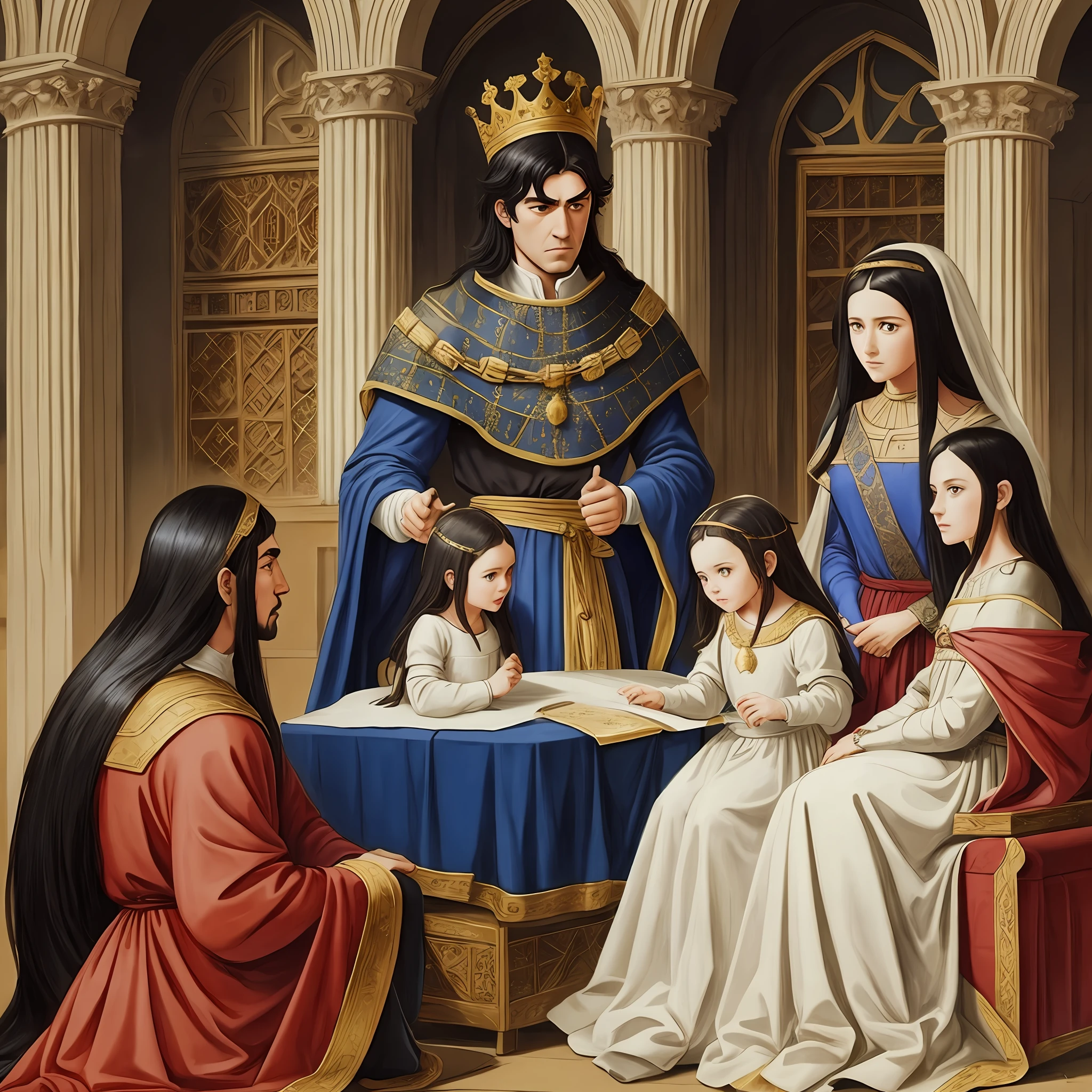 Create a medieval painting(1200),a royal family,around the king,everyone has black hair,and is angry with the king --auto --s2
