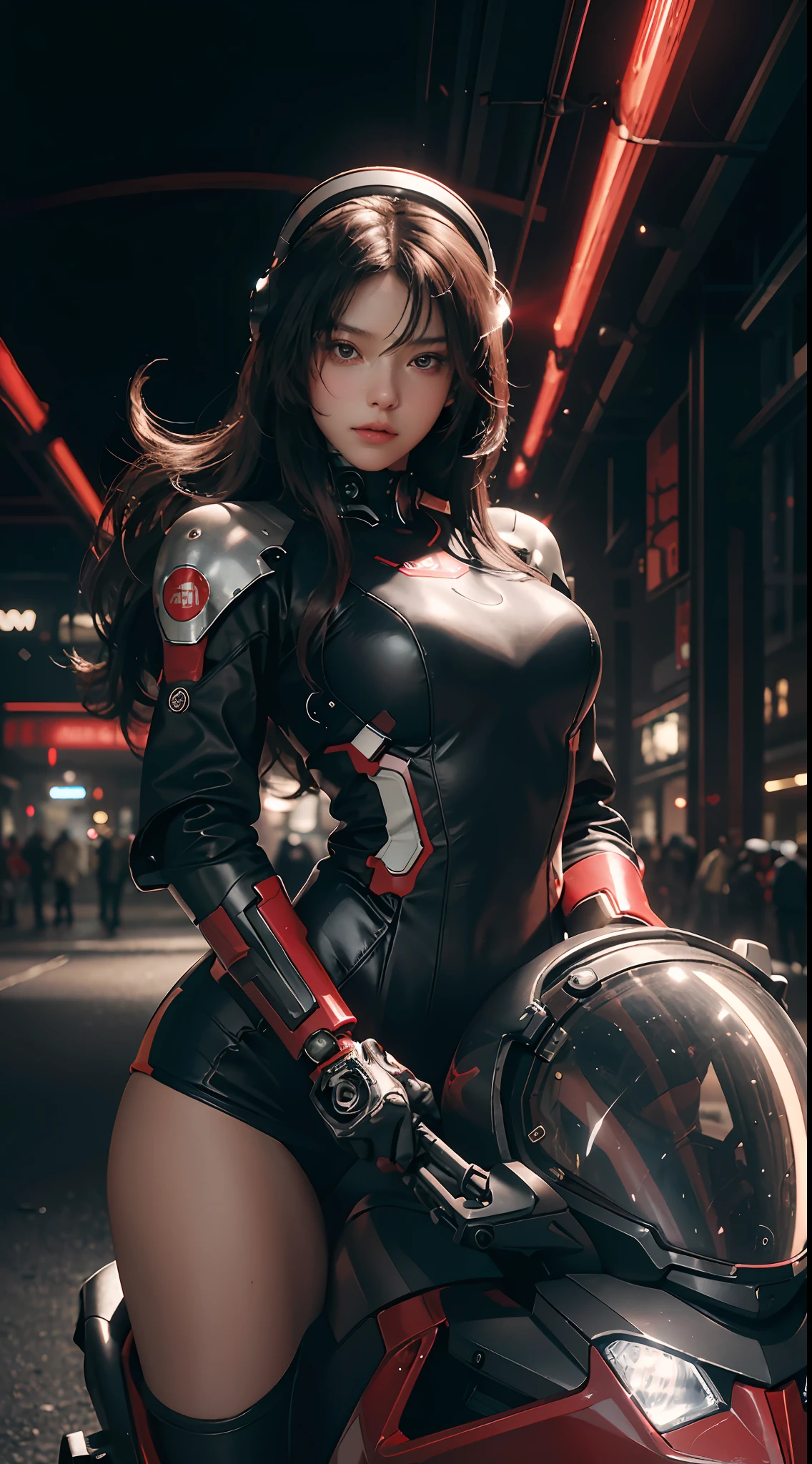 Best image quality, outstanding detail, ultra-high resolution, (realism: 1.4), best illustration, prefer details, highly condensed 1girl, delicate and beautiful face, dressed in black and red mecha, wearing a mech helmet, holding a direction controller, riding a motorcycle, the background is a high-tech lighting scene of a futuristic city.