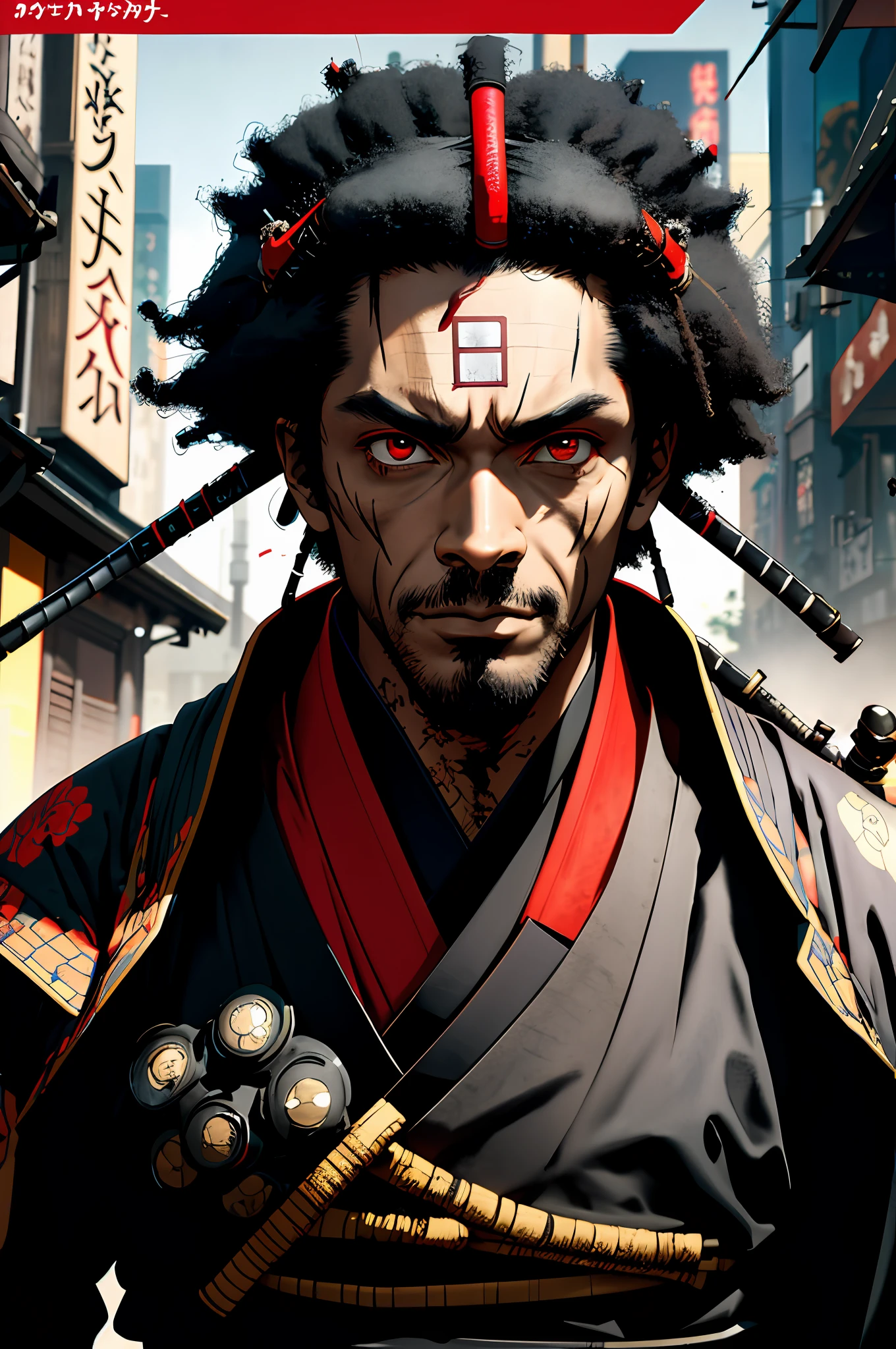 1 black samurai, 1 man, afrosamurai, black hair, cyberpunk, street style, streets of Tokyo, bright, with black skin, red eyes, looking at the viewer, upper body, megazine cover, shogum