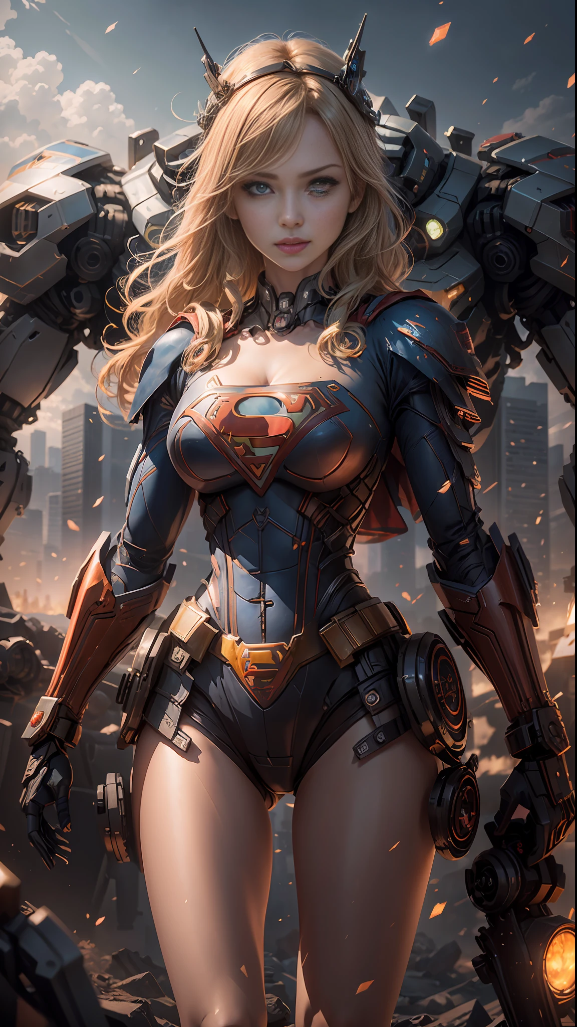 ((Best Quality)), ((Supergirl's Masterpiece)), (Very Detailed: 1.3), 3D, Shitu-mecha, Beautiful cyberpunk woman wearing crown with her ruined mecha of a forgotten war city, long blonde hair, blue eyes, superman S symbol on chest, sci-fi technology, HDR (High Dynamic Range), ray tracing, nvidia RTX, super resolution, unreal 5, subsurface scattering, PBR texture, post-processing, anisotropic filtering, depth of field, maximum sharpness and sharpness, multi-layer texture, specular and albedo mapping, surface shading, accurate simulation of light-material interactions, perfect proportions, octane rendering, duotone lighting, low ISO, white balance, rule of thirds, wide aperture, 8K RAW, high-efficiency subpixels, subpixel convolution, light particles, light scattering, Tyndall effect
