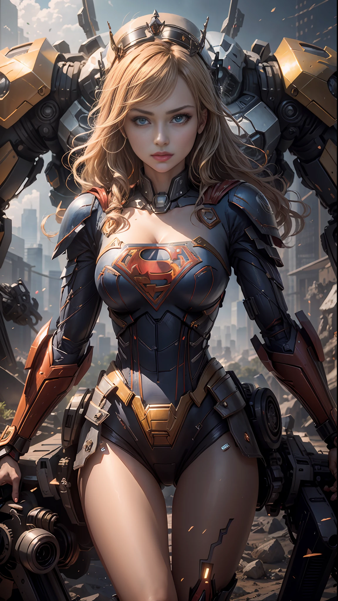 ((Best Quality)), ((Supergirl's Masterpiece)), (Very Detailed: 1.3), 3D, Shitu-mecha, Beautiful cyberpunk woman wearing crown with her ruined mecha of a forgotten war city, long blonde hair, blue eyes, superman S symbol on chest, sci-fi technology, HDR (High Dynamic Range), ray tracing, nvidia RTX, super resolution, unreal 5, subsurface scattering, PBR texture, post-processing,  anisotropic filtering, depth of field, maximum sharpness and sharpness, multi-layer texture, specular and albedo mapping, surface shading, accurate simulation of light-material interactions, perfect proportions, octane rendering, duotone lighting, low ISO, white balance, rule of thirds, wide aperture, 8K RAW, high-efficiency subpixels, subpixel convolution, light particles, light scattering, Tyndall effect