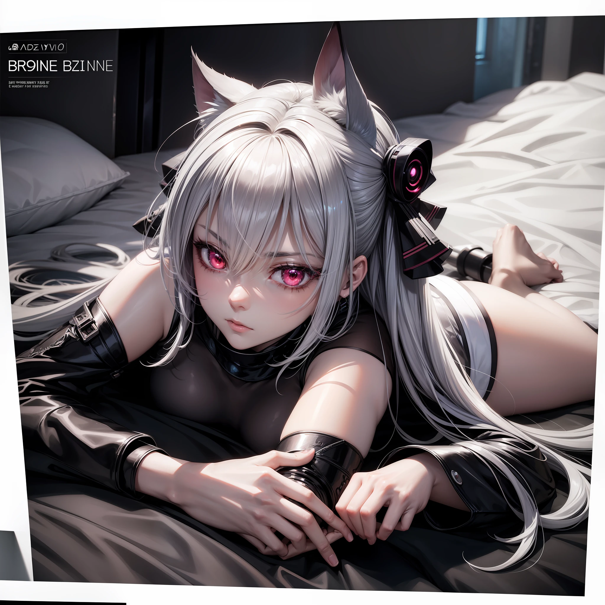 cool-beauty personified 1 anime girl, she has cat ears, silver hair, red eyes, make her vigilance tsundere expression, lying on the bed, bioluminescence, ultra detailed, phantasm, UE5, octane render, unity wallpaper, ray tracing, 8k digital painting masterpiece