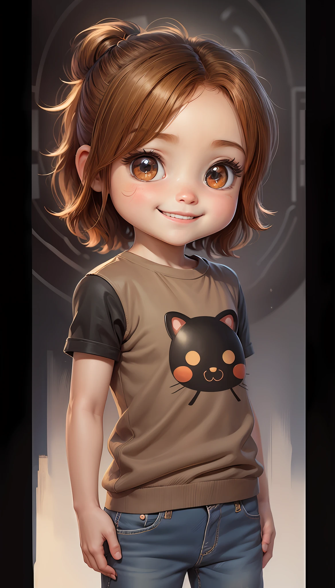 Chibi a cartoon baby with a black shirt and pants blue jeans, cute and funny smile, adorable digital painting, cute digital art, cute detailed digital art, cute portrait, cute art style, cute detailed art, cartoon art style, super cute funky redhead baby, messy hair, kawaii realistic portrait, sparkling light brown eye iris, cute cartoon style, cute cartoon character, (((chibi))) beautiful art, digital cartoon painting art, cartoon style illustration, realistic cute child painting --ar 2:3 - (Waiting to start) --auto --s2