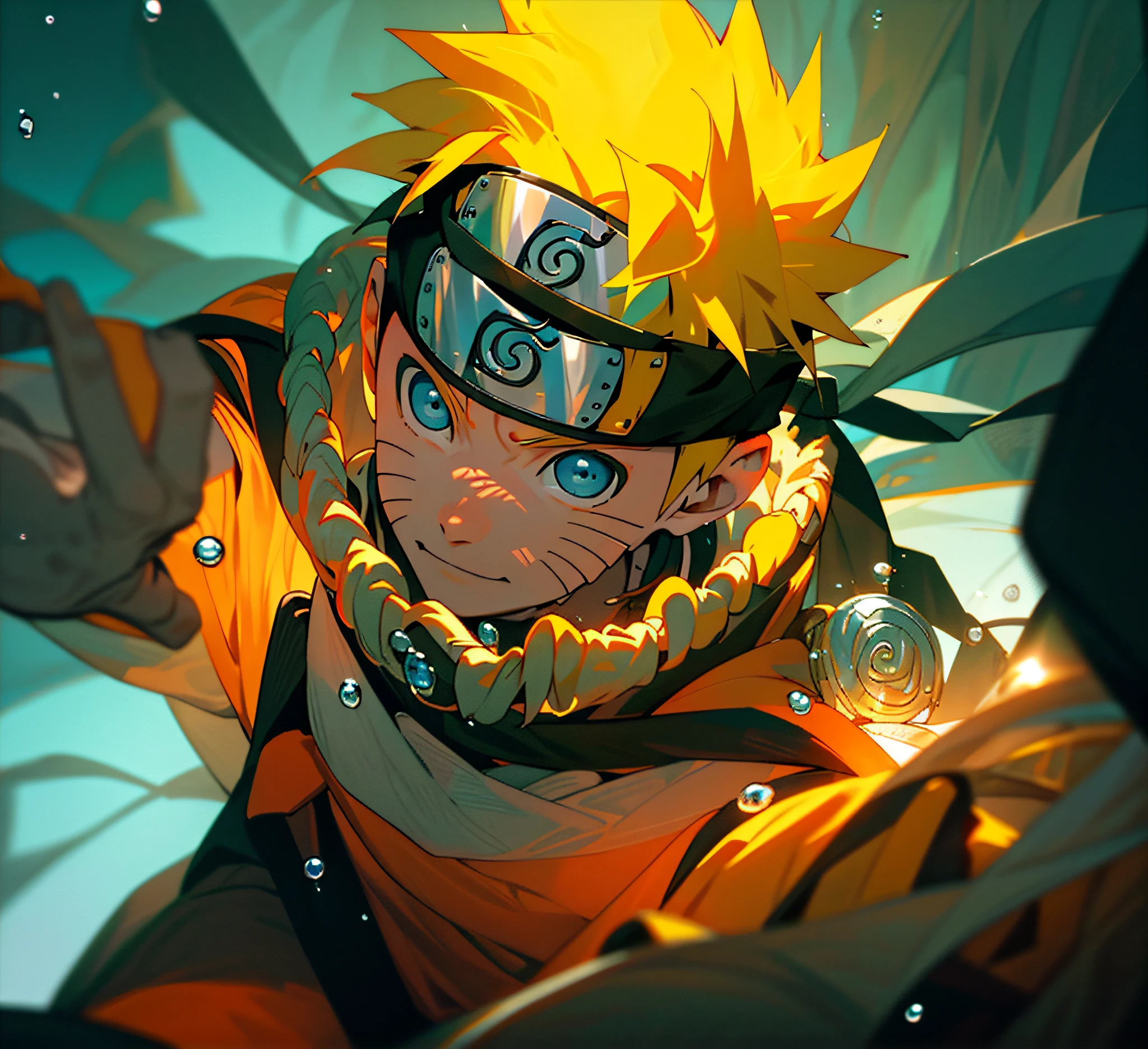 Naruto Uzumaki, 1boy, Male Focus, Masterpiece, Best Quality, (Portrait, Close-up), Looking at the Viewer, Shadows and Light, Blurred Foreground, Konoha Academy Symbol, Indoor, Water Drops, Blue Eyes, In Bed, Gentle Light Smile