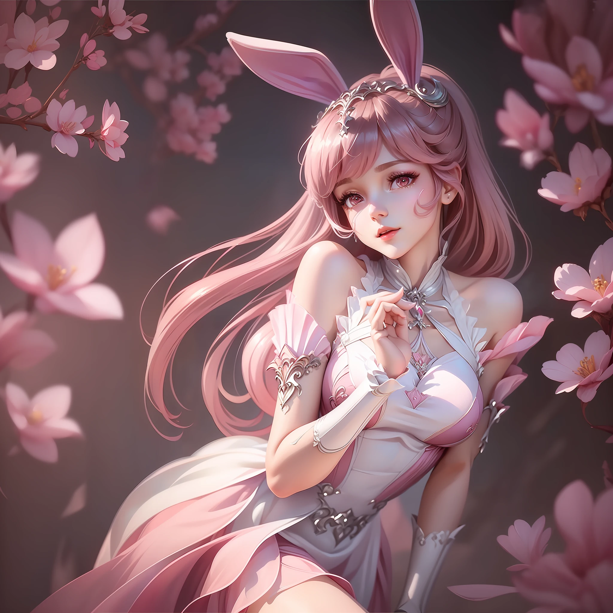 (Coefficient: 1.2) (fresh and elegant painting style + clear and delicate picture quality), (girl + ite figure + brown eyes + cute and charming rabbit ears + pink chiffon dress + elegant and aesthetic temperament + youthful vitality + slightly pink hair + soft and warm), (exquisite beauty + clear facial features)