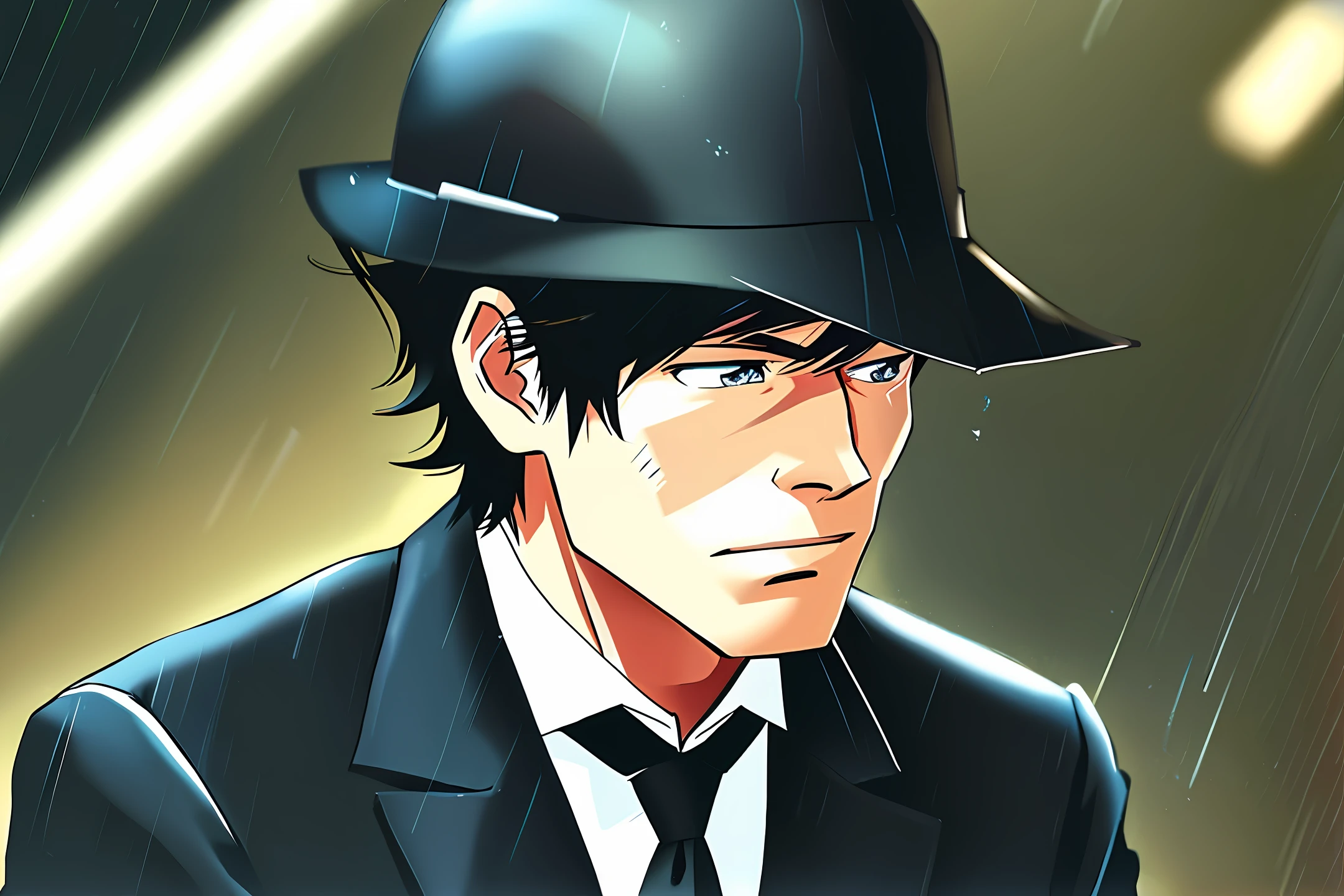Sad man in black suit sitting on the sidewalk. It's raining. He's looking down