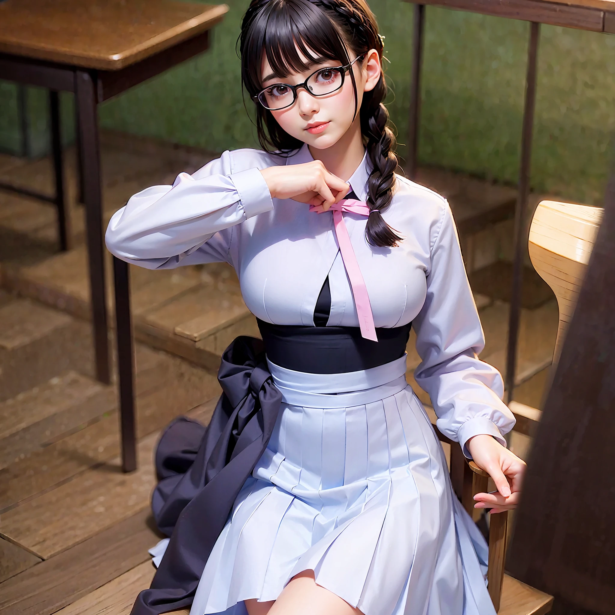 Masterpiece, Best Picture Quality, High Quality, Beautiful, Japanese, Japanese School Girl, Popular Korean Makeup, Detailed, Puffy Eyes, Ultra High Resolution, (Reality: 1.4), Very Beautiful, Slightly Young Face, Beautiful Skin, Slender, (Ultra Realistic), (Illustration), (High Resolution), (8K), (Very Detailed), (Best Illustration), (beautifully detailed eyes), (super detailed), (wallpaper), (detailed face), looking at viewer, fine detail, detailed face, pureerosfaceace_v1, smiling, 46 point slanted bangs, looking straight ahead, wearing glasses, schoolgirl uniform, light purple uniform, ribbon type tie, Black hair, long hair, hairstyle in braids, facing straight ahead, angle from waist up, background is school classroom, sitting on chair, realistic photo, bright lighting, professional lighting,