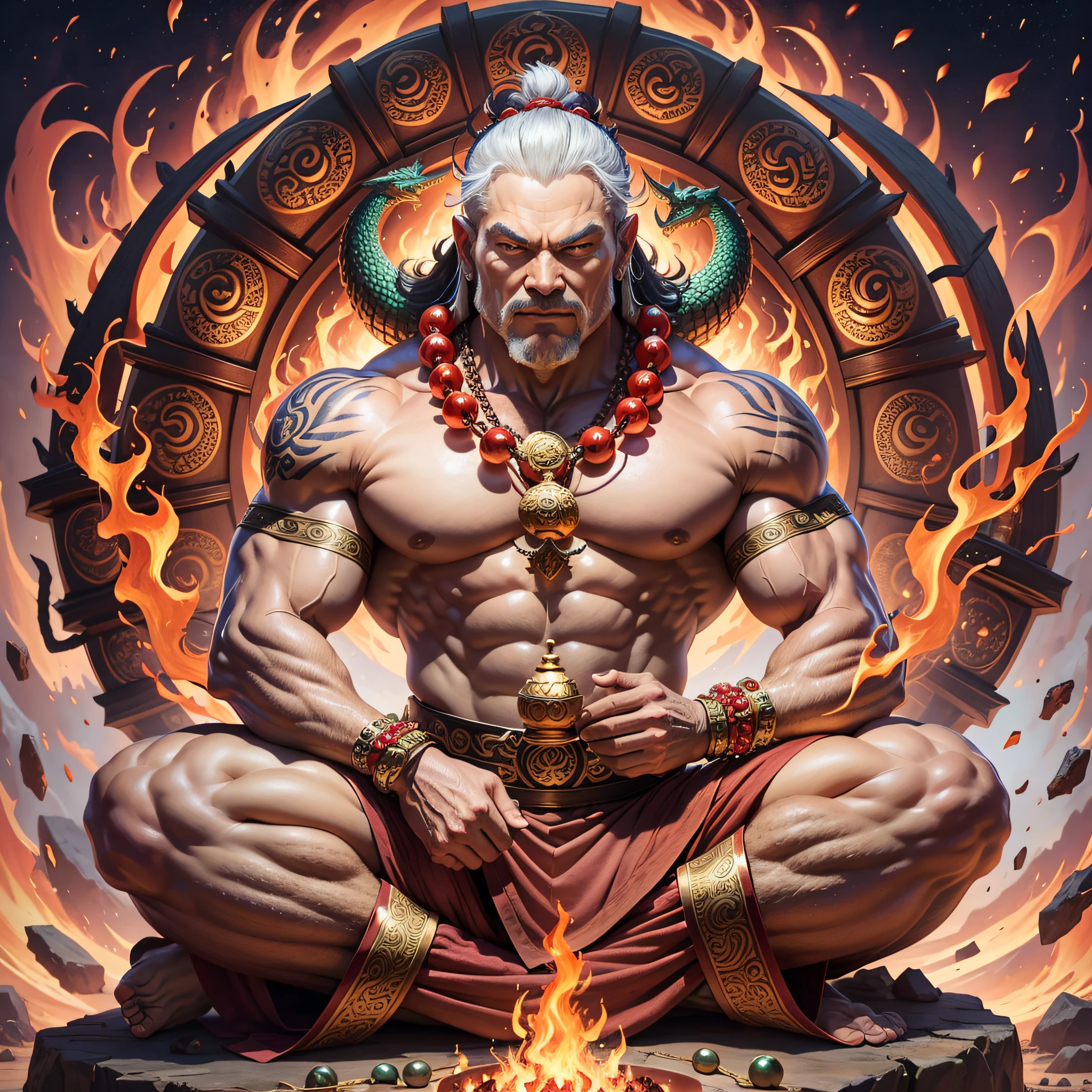 Dragon Arhat, male, huge muscles, six arms, holding Buddha beads, sitting fire dragon, 4K, grand background --auto --s2