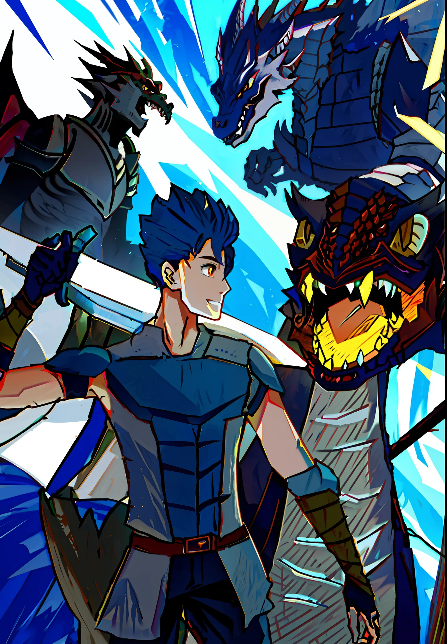 There is a cartoon of a man holding a sword and a dragon, battle with dragon, fighting a dragon, with scaly-looking armor, draconian-looking armor, dragon in the background, like a badass monster hunter, dragon knight, dragon! man, fire battle coloring, dragon slayer, dragon inspired armor