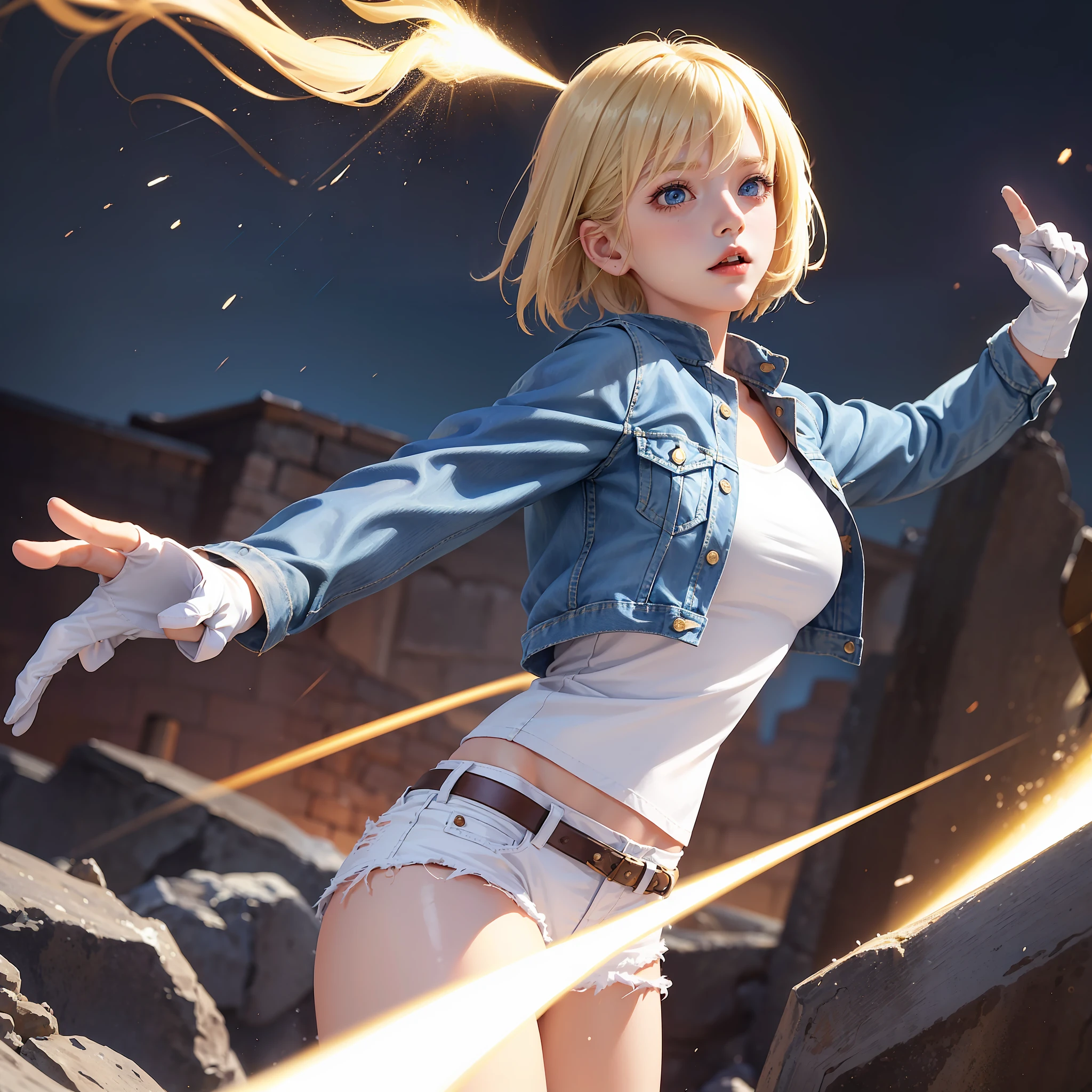 (((1 girl, cute, denim jacket, white top, jeans, Gloves, blond, short hair, bob hair, side parted hair, blue eyes))), (((blond hair))),
dynamic poses, manga style, depicting a group of characters in various action scenes, from intense battles to lighthearted moments, with dramatic speed lines and bold sound effects, capturing the excitement and energy of the story, Laser rays from the palm of hand, Attack forward with palm, yellowstone park, Grand Canyon,