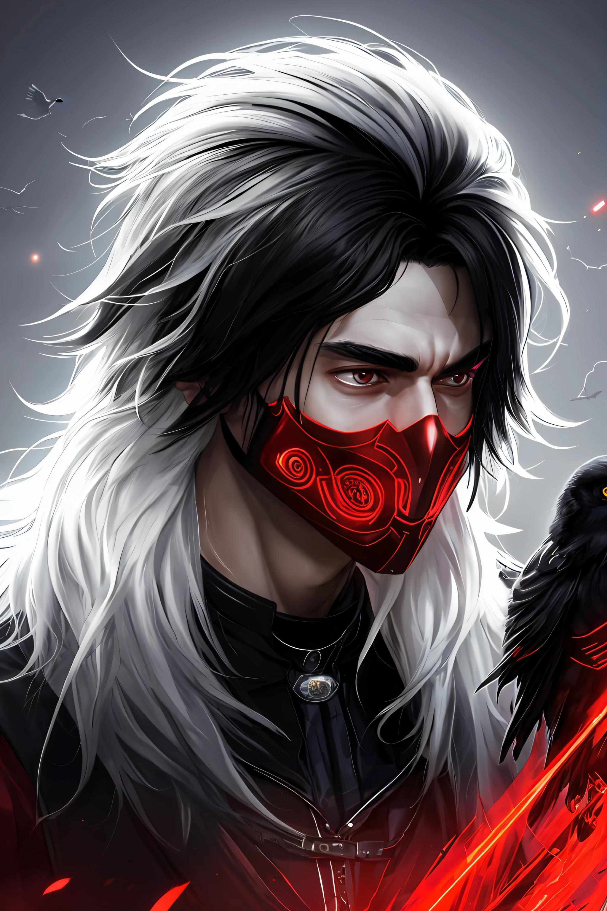 A 23-year-old man, black hair with white locks, perfect face, wearing a high-tech outfit, ((extremely detailed)), award-winning digital art, ((soft lighting)), with a crow mask and red overcoat