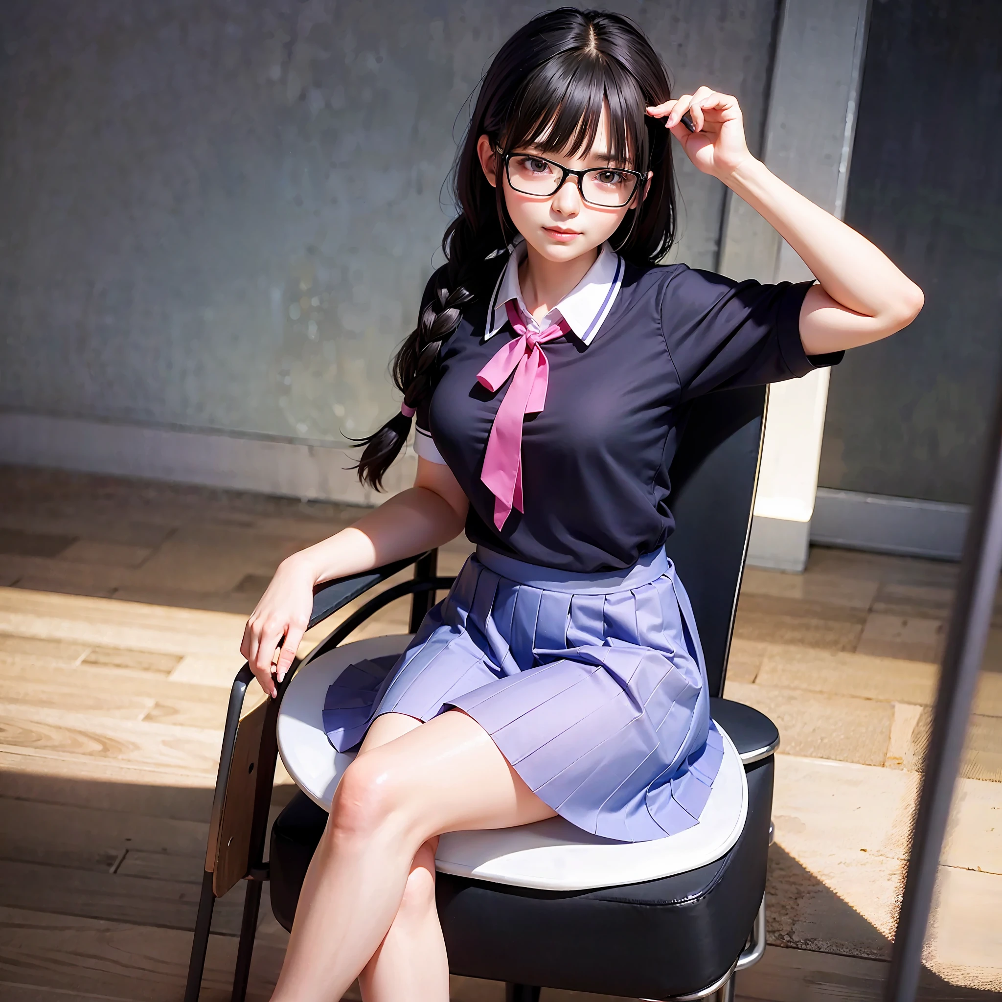 Masterpiece, Best Picture Quality, High Quality, Beautiful, Japanese, Japanese School Girl, Popular Korean Makeup, Detailed, Puffy Eyes, Ultra High Resolution, (Reality: 1.4), Very Beautiful, Slightly Young Face, Beautiful Skin, Slender, (Ultra Realistic), (Illustration), (High Resolution), (8K), (Very Detailed), (Best Illustration), (beautifully detailed eyes), (super detailed), (wallpaper), (detailed face), looking at viewer, fine detail, detailed face, pureerosfaceace_v1, smiling, 46 point slanted bangs, looking straight ahead, wearing glasses, schoolgirl uniform, light purple uniform, ribbon type tie, Black hair, long hair, hairstyle in braids, facing straight ahead, angle from waist up, background is school classroom, sitting on chair, realistic photo, bright lighting, professional lighting,