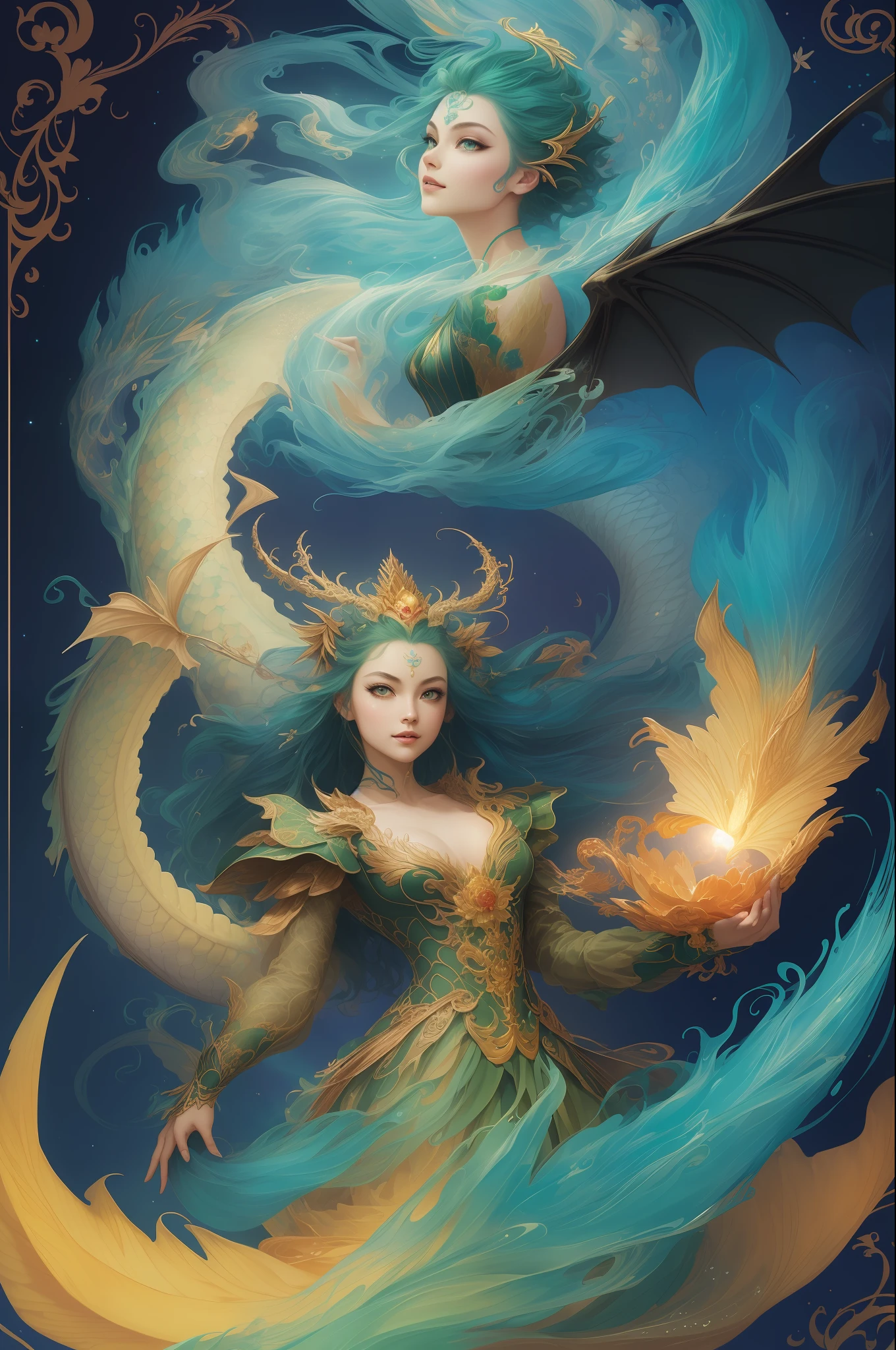 (((Gorgeous Dragon Princess)), a person, flowing wave-colored long hair, (bright beautiful eyes), trends on art stand, flowers of hope by Jean-Honor Fragonard, Peter Mohrbacher, super detailed, crazy detail, stunning, sophisticated, elite, art nouveau, gorgeous, liquid wax, elegant, luxurious, Greg Rutkowski, ink style, sticker, Vector art beautiful character design, double exposure shooting, luminous design, award-winning works, masterpiece, amoled black background, dragon girl graceful, light clouds, long sleeves flowing, starlight, emerald pupils, light luo tulle, green dragon phoenix, moonlight pouring, water waves, wings flying, danfeng rising sun, spring breeze, gorgeous rainbow, lotus bloom, green mountains and green water, cloud wonderland, heavenly sound