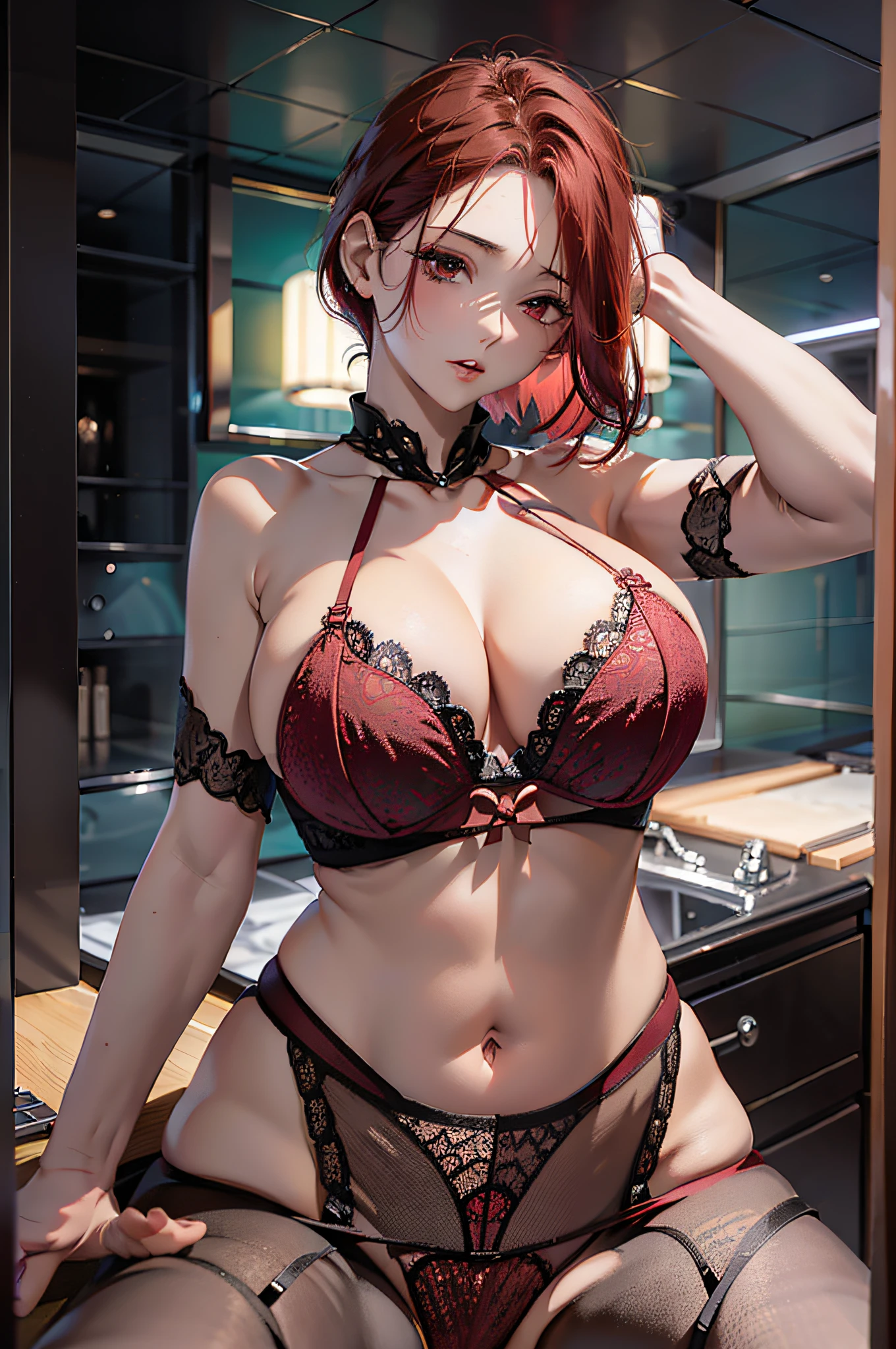 1 woman, mature, big breast, massive chest, solo, lace panties, (lace bra: 1.1), lace tights, short red tinted hair, short square haircut, elongated, legs apart, red hair, tights, black underwear, (black bra:1.1),(black panties:1.1),(red dyed hair:1.1), red tinted hair, red tinted hair, red pupils,chubby body shape, perfectly round breast,perfectly round butt,perfectly round chest,fat chest