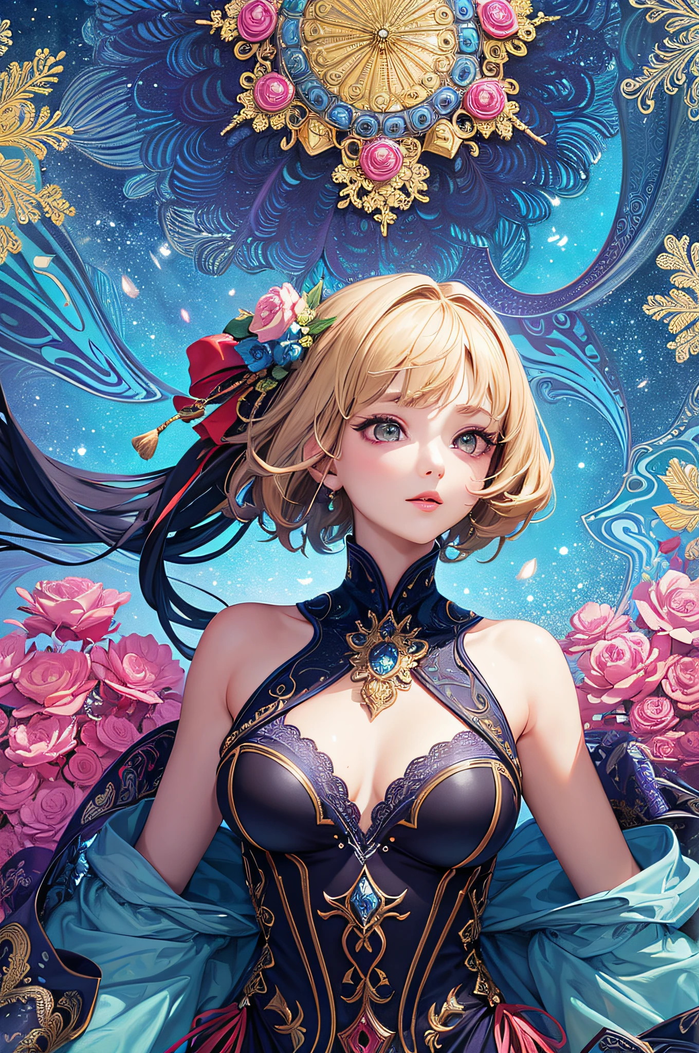 (Masterpiece, Top Quality, Best Quality, Official Art, Beauty and Aesthetics: 1.2), (1girl: 1.3), Very Detailed, (Fractal Art: 1.2), Colorful, Most Detailed, (Zentangle: 1.2), (Dynamic Pose), (Abstract Background: 1.5), (Traditional Clothing: 1.2), (Shiny Skin), (Multiple Colors: 1.4), Upper Body, Close-up