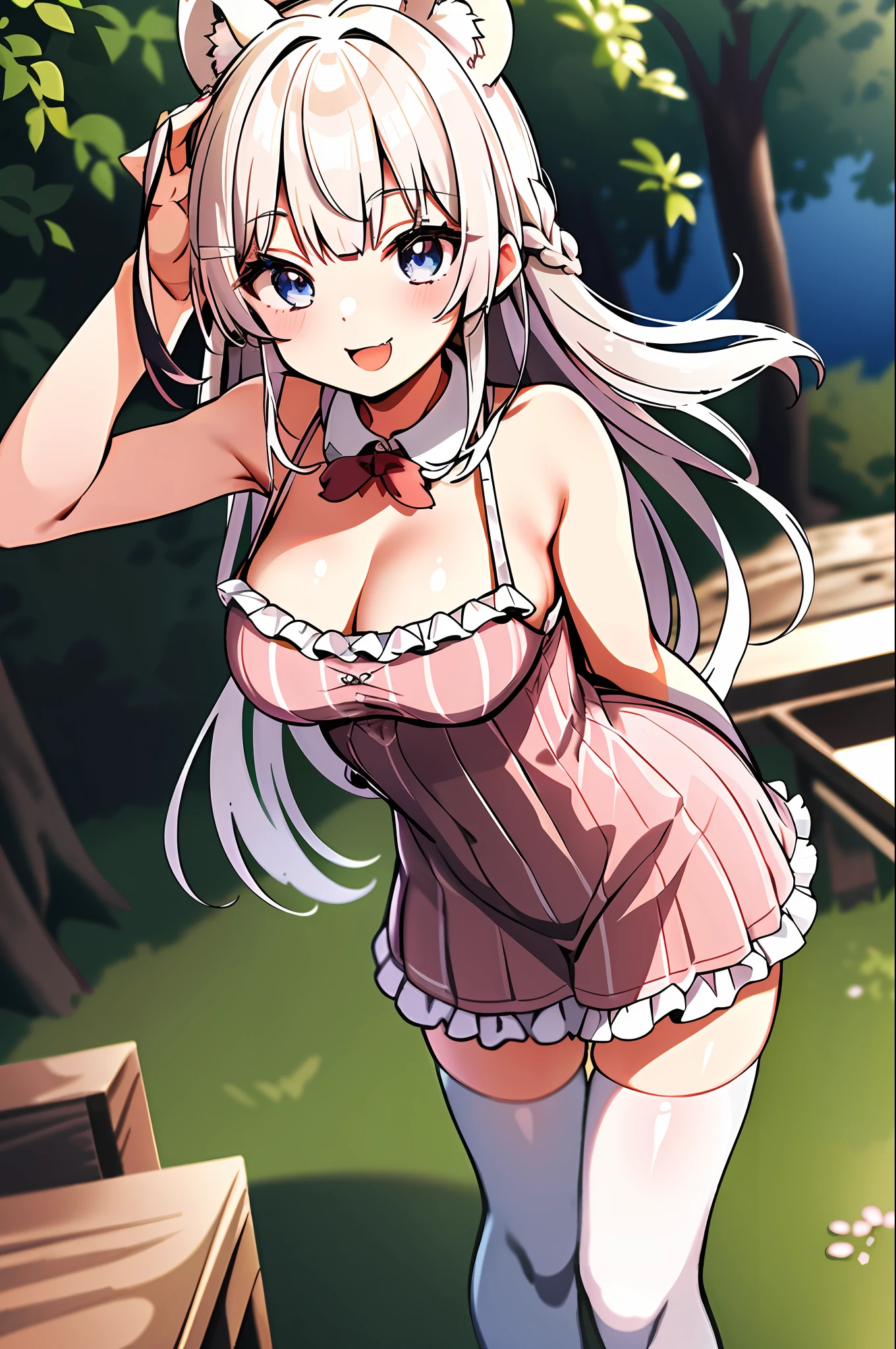 (leaning over:1.4), (masterpiece:1.2, best quality), (real picture, intricate details), 1girl, solo, absurdres, cowboy shot, standing, outdoors, :3, smile, bear girl, bear ears, ((light pink dress)), frills, very detailed dress, white thighhighs, platinum blonde hair, gray blue eyes, long hair, ((red)) strawberry choker, smile, open mouth, one fang, large breasts, cleavage, sleeveless dress, arms behind back,