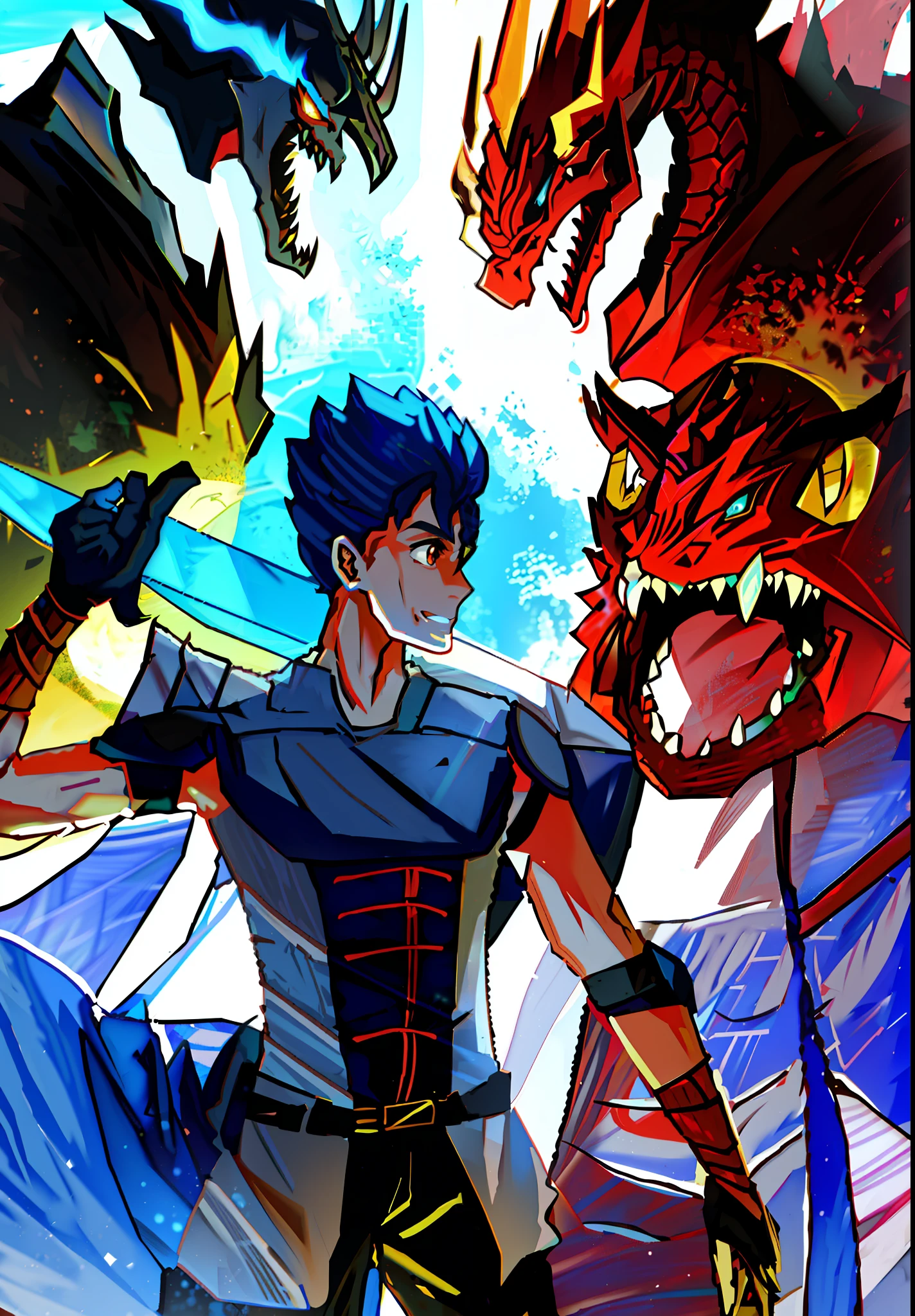 There is a cartoon of a man holding a sword and a dragon, battle with dragon, fighting a dragon, with scaly-looking armor, draconian-looking armor, dragon in the background, like a badass monster hunter, dragon knight, dragon! man, fire battle coloring, dragon slayer, dragon inspired armor