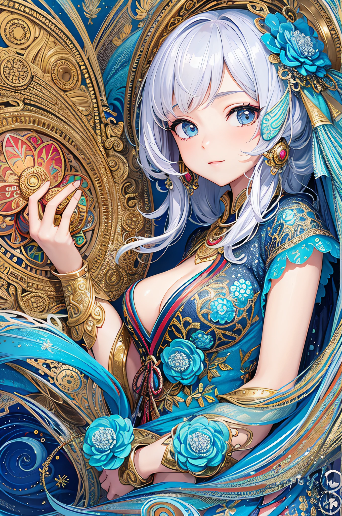 (Masterpiece, Top Quality, Best Quality, Official Art, Beauty and Aesthetics: 1.2), (1girl: 1.3), Very Detailed, (Fractal Art: 1.2), Colorful, Most Detailed, (Zentangle: 1.2), (Dynamic Pose), (Abstract Background: 1.5), (Traditional Clothing: 1.2), (Shiny Skin), (Multiple Colors: 1.4), Upper Body, Close-up