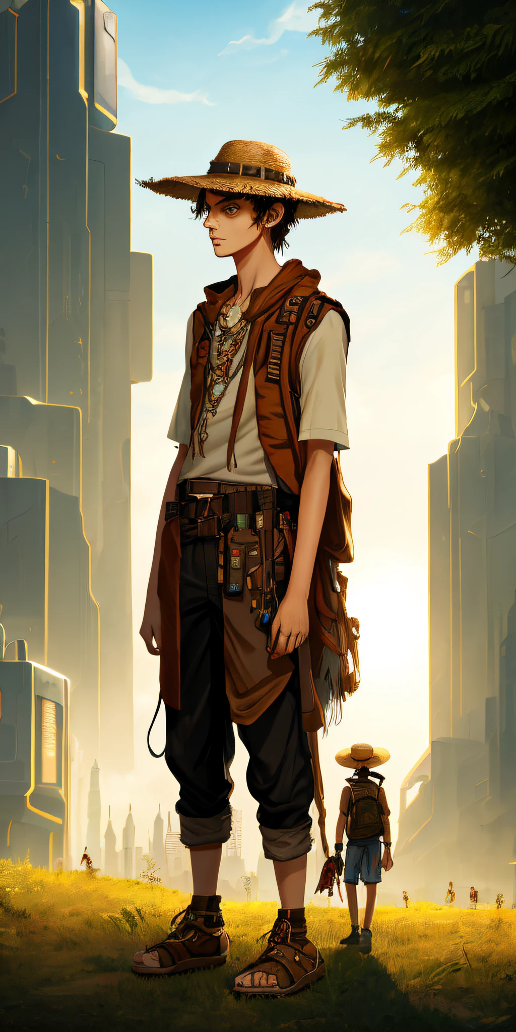 Human druid, young, normal weight, tall normal, brown color, using cyberpunk technology, explore in the shade, he has a bird on his shoulder, with a straw hat shadow