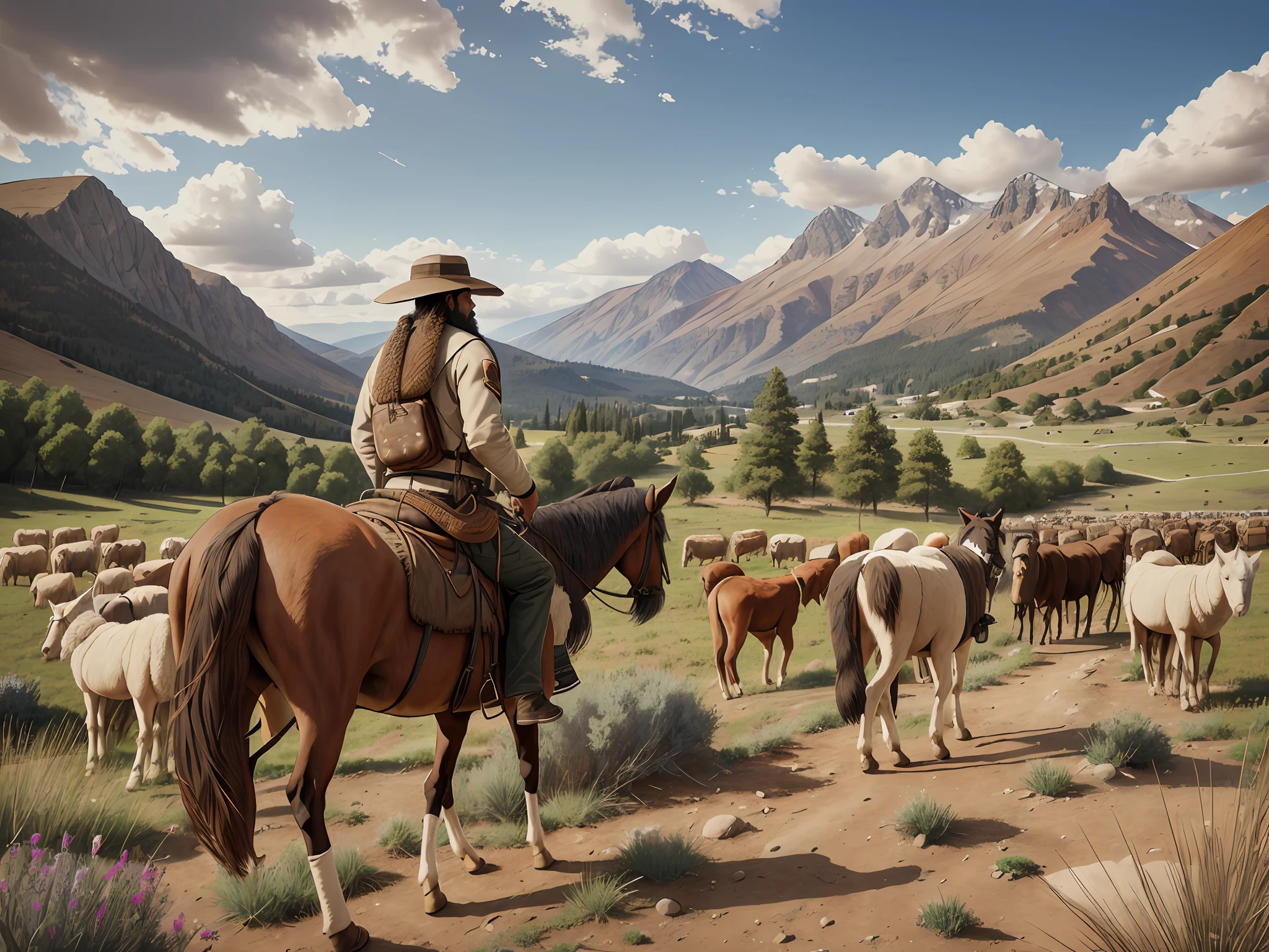 (realistic photo), (rear view), Israelite sheepherder, (1man), brown leather jacket, wide-brimmed hat, beard, rough hands, serious expression, animal herding tool, scenery behind him, hills, mountains, vegetation. --auto --s2