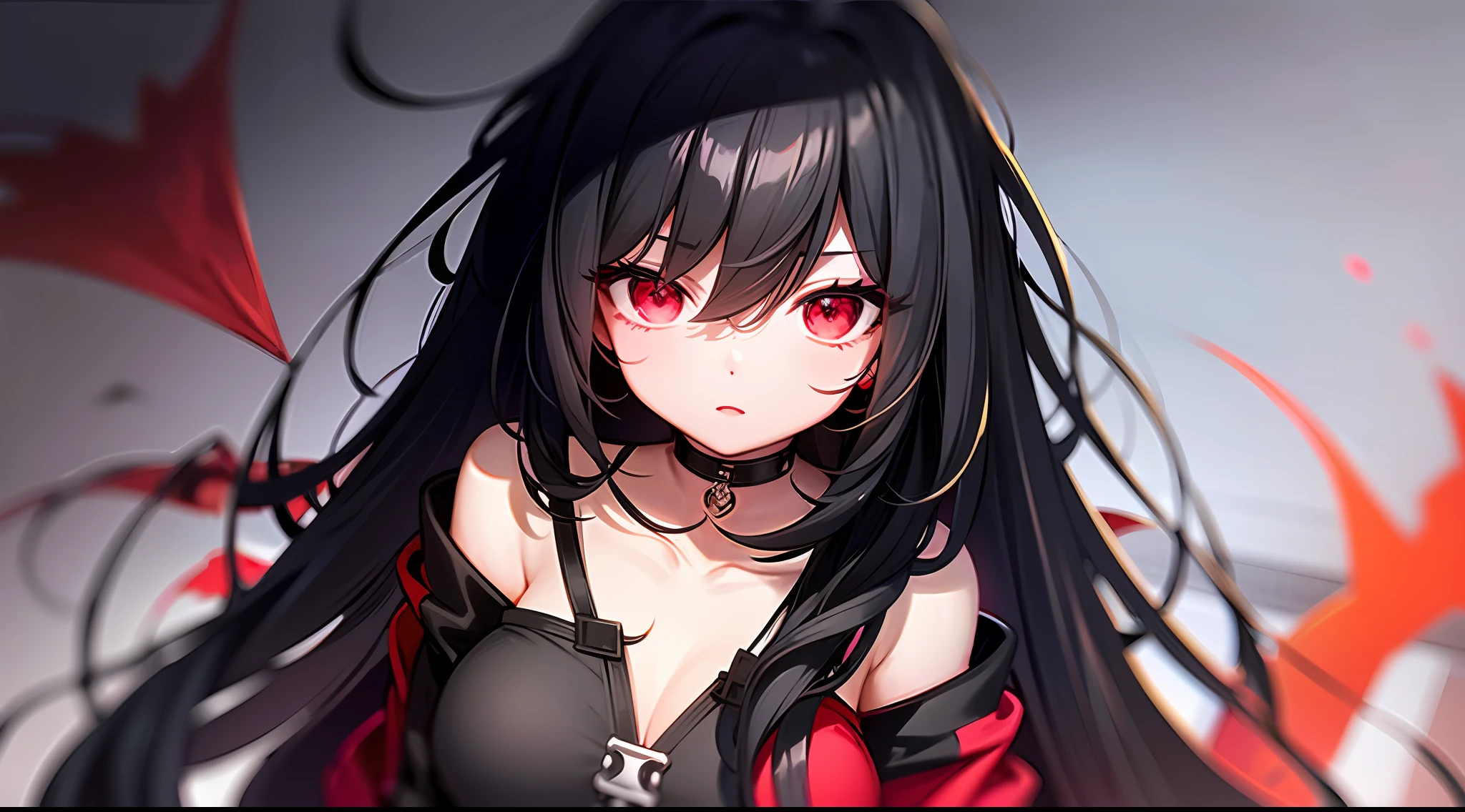 Superb detail, fine detail, chromatic aberration, 1girl, long hair, black hair, messy hair, red highlights, hair in one eye, red eyes, sharp eyes, choker, neon shirt, torn tights, open coat, against the wall, graffiti, dim lighting, alley