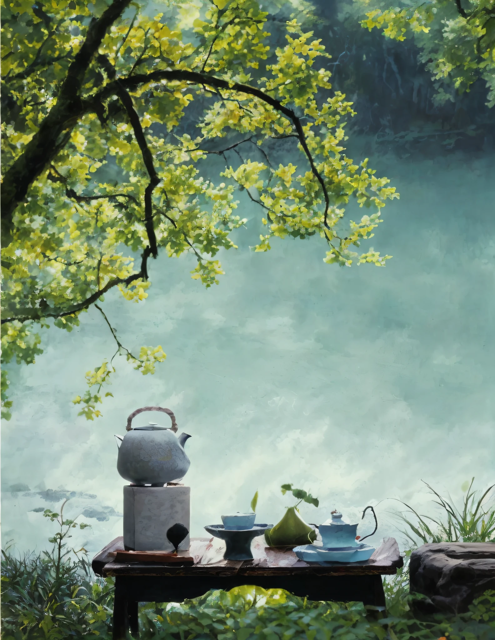 there is a tea pot and tea cups on a table by the water, quiet and serene atmosphere, peaceful and serene, tranquil scene, serene and peaceful style, peaceful scene, by Ma Yuanyu, peaceful and quiet, beautiful tranquil day, tranquility, by Li Mei-shu, calm afternoon, by Jiang Tingxi, relaxing environment, beautiful setting --auto --s2