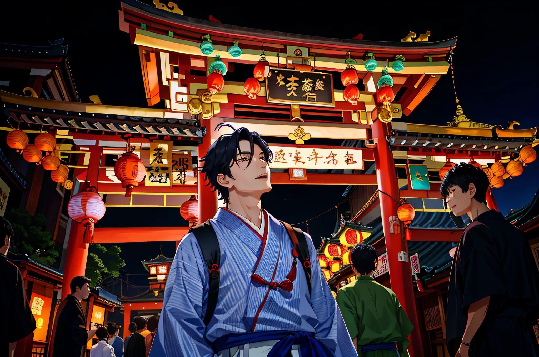 araffed asian man standing in front of a building at night, like jiufen, very excited, summer festival night, in front of a temple, lu ji, in a japanese town at night, yawning, old man in tokyo at night, inspired by Chen Daofu, cai xukun, jinyiwei, nighttime, at nighttime, sha xi