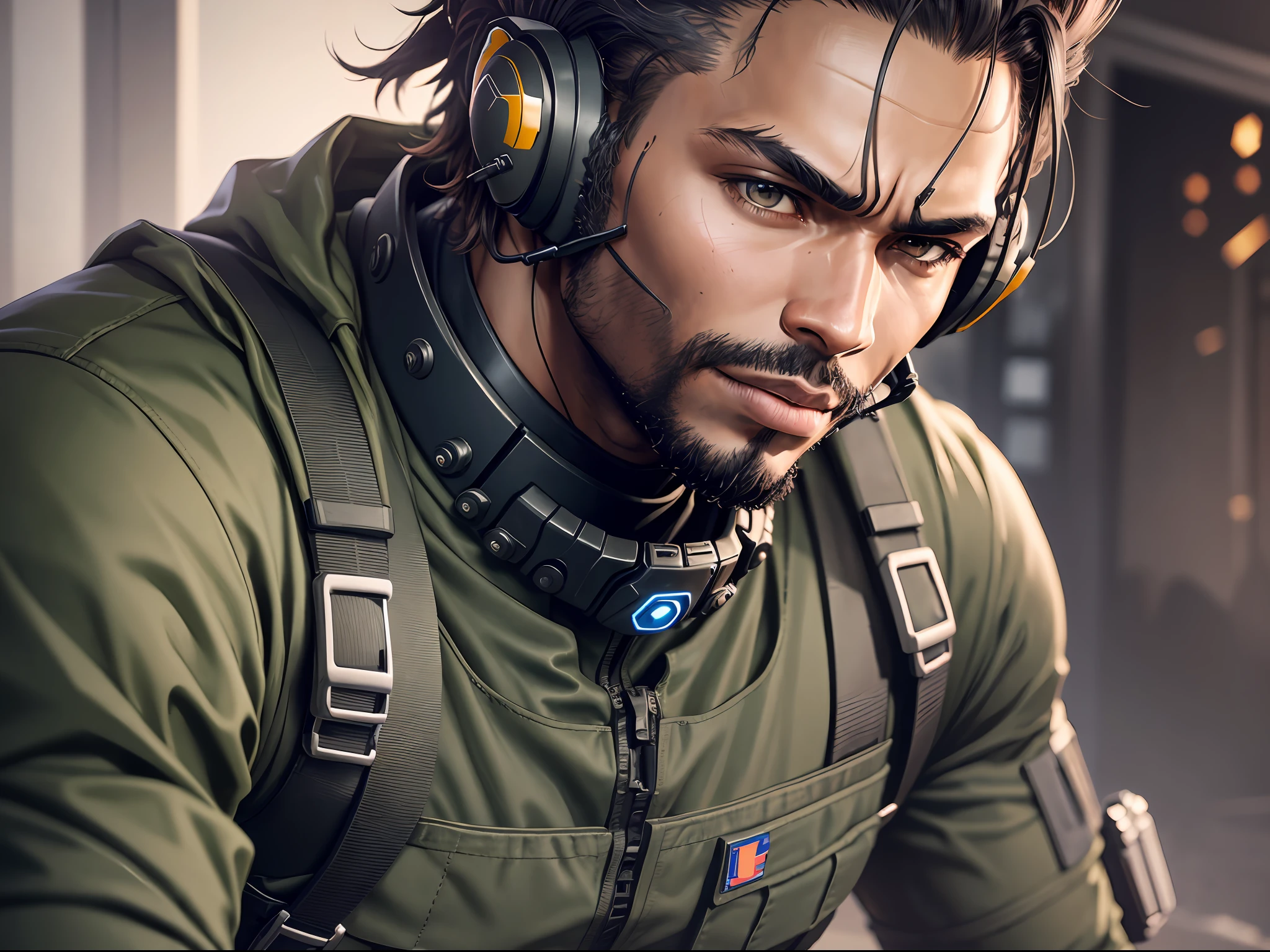 a black man in a black outfit holding a rifle and wearing headset, soldier men, mechanized and robot  soldier men, military men, beautiful male soldier male lead character, solo male character, future combat gear, close up half body shot, quiet from metal gear solid v, wearing tactical gear, dressed in tactical armor