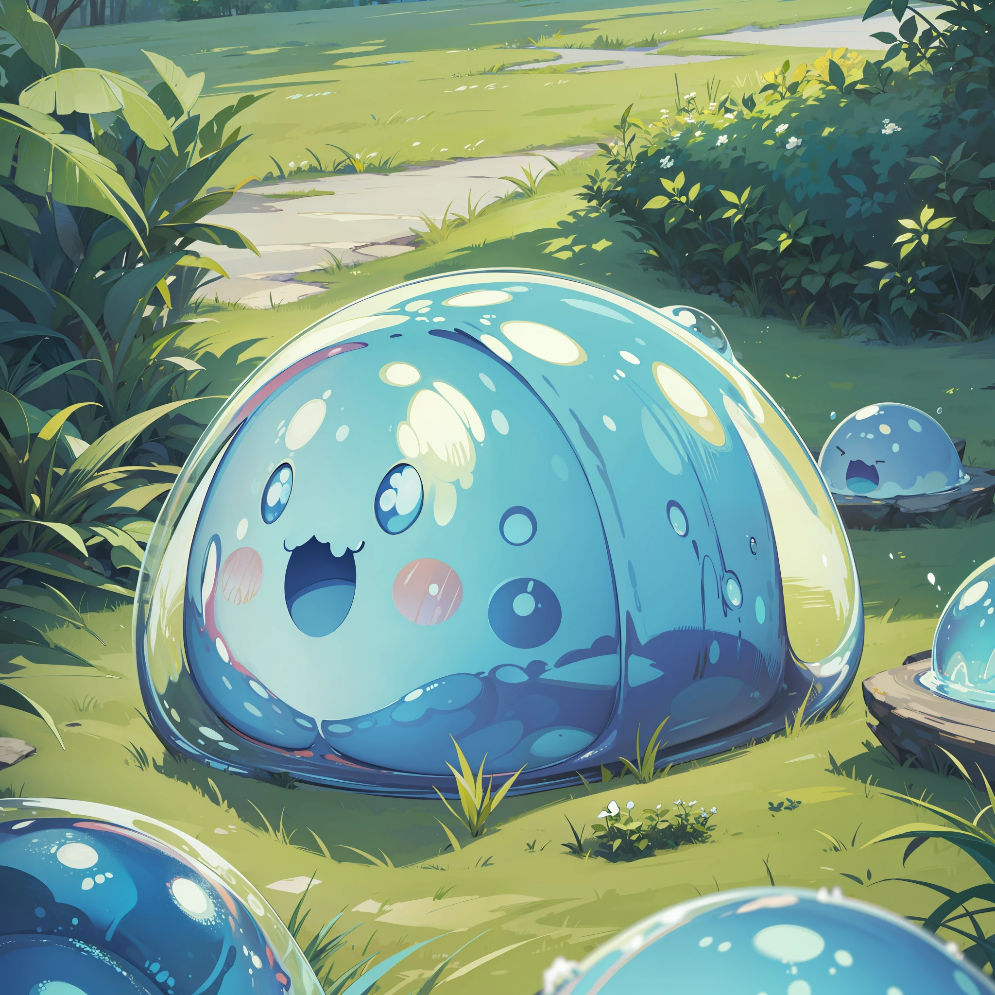 A blue slime was spread out on the grass like mud, jelly slimy, and cute with a strange expression. Monster, anime style, background is forest, meadow.