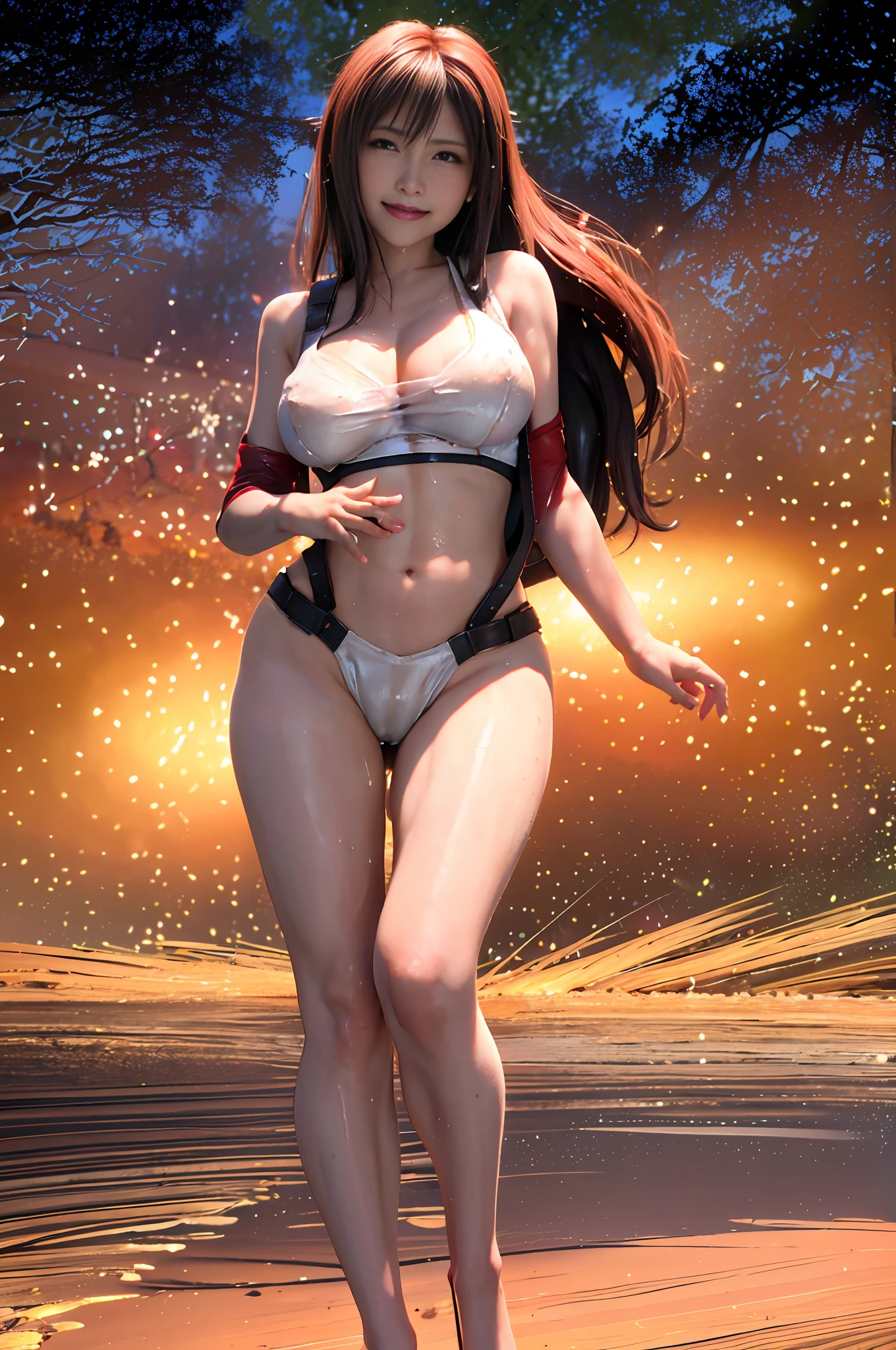 (8k, best quality, masterpiece:1.2), (realistic, photo-realistic:1.37), ultra-detailed, 1 girl,cute, solo, (tifa lockhart), (huge breasts),(beautiful detailed eyes), (smile:1.2), ((closed mouth)), erotic pose,  ((red_eyes)), nsfw, perfect breasts, wet, sweat, with clothes)), shiny skin, sport, sport wear