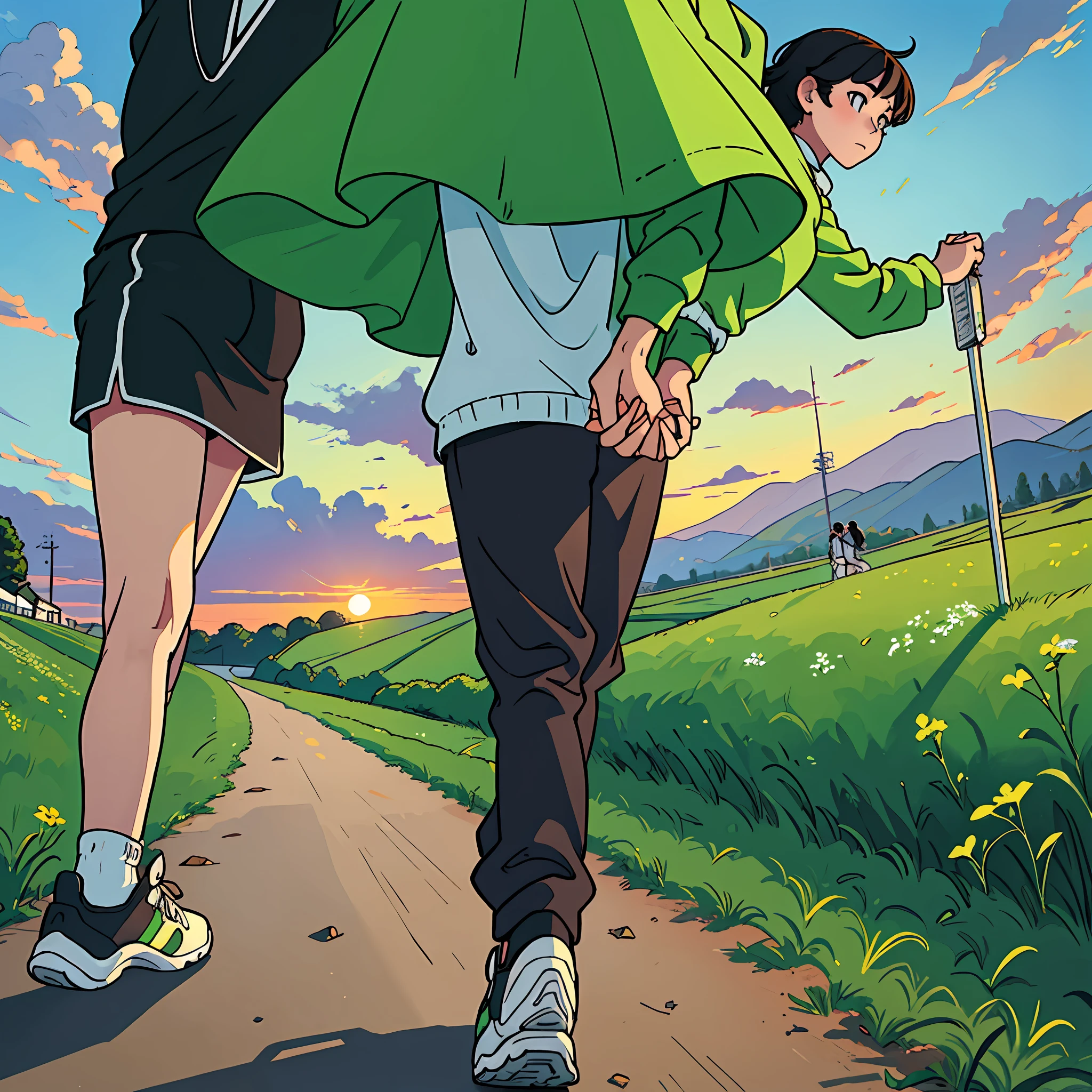 The delicate features of the five organs, a boy holding the hand of a girl, a black and white couple's leisurely outfit, shoes, a dog, running, green color scheme, sunset, a painting, walking, detail perfect, masterpiece, exquisite hand, beautiful landscape painting by Keiichi Miyazawa --auto --s2