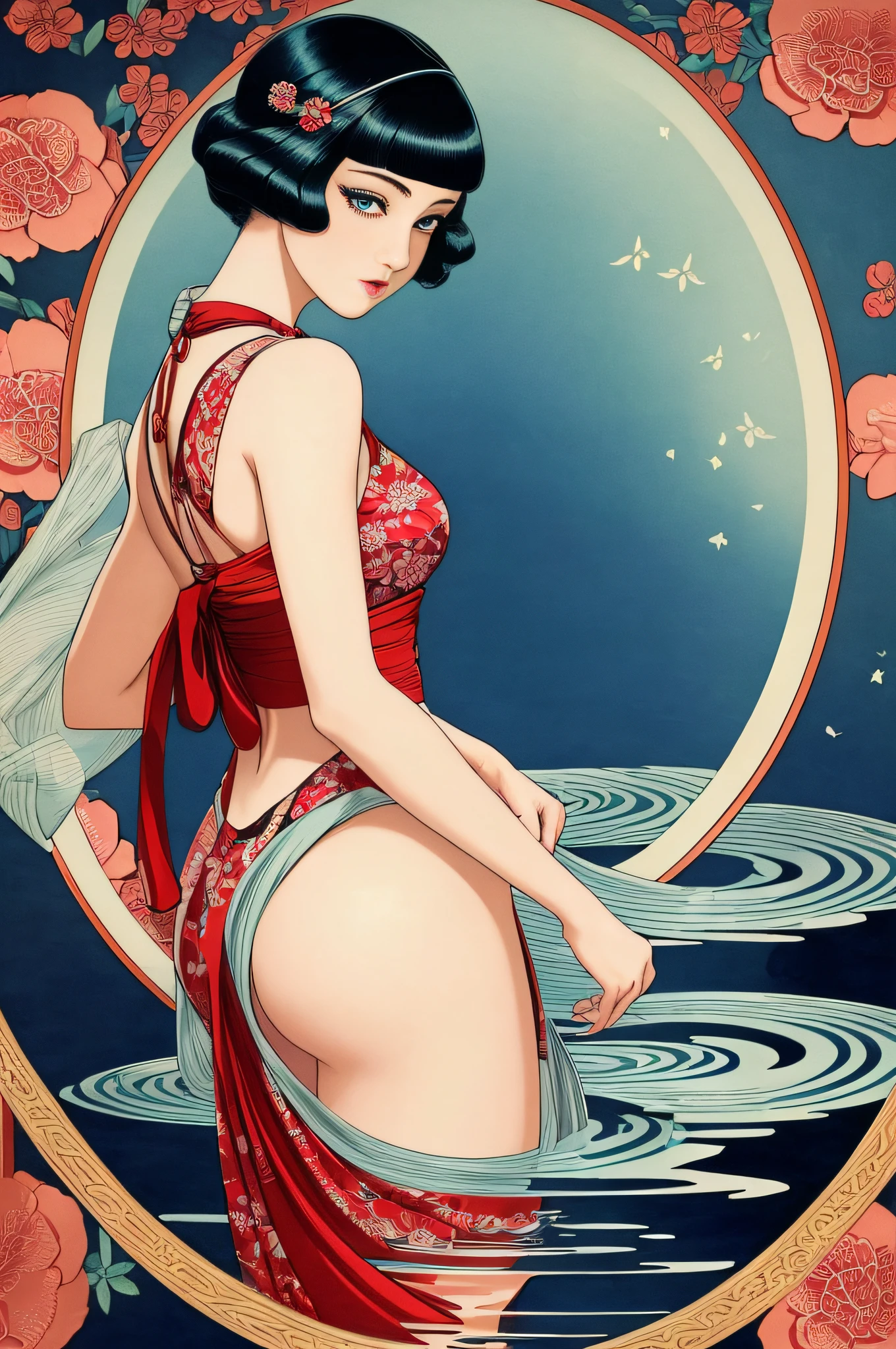 ((masterpiece)), ((best quality)), (ultra-detailed), ((extremely detailed)), 4K, (8K), best quality, (beautiful), modern girl (1920s slang), ukiyo-e style, retro art style, beautiful woman, solo, beautiful hair, ((beautiful eyes)), reflection effect, ripples, afterimages,