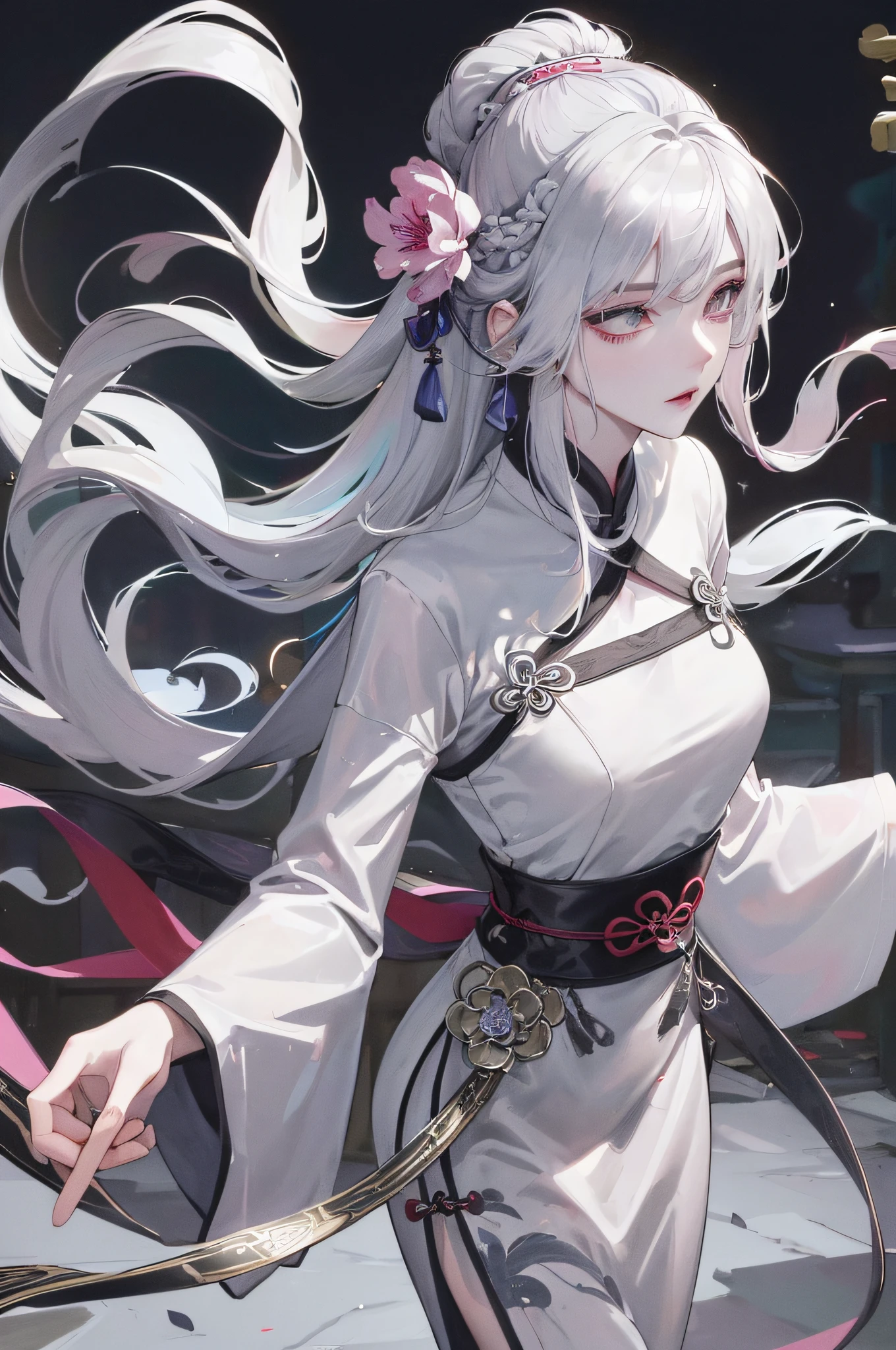 Masterpiece, Best, Night, Full Moon, 1 Female, Mature Woman, Chinese Style, Ancient China, Elder Sister, Royal Sister, Cold Face, Expressionless, Silver White Long Haired Woman, Pale Pink Lips, Calm, Intellectual, Three Belts, Gray Hitomi, assassin, dagger, flower ball background, street view