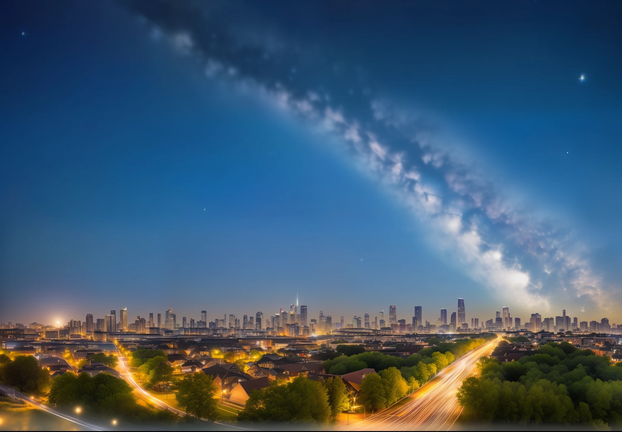A typical and realistic image of a North American city, illuminated by a starry night sky --auto --s2