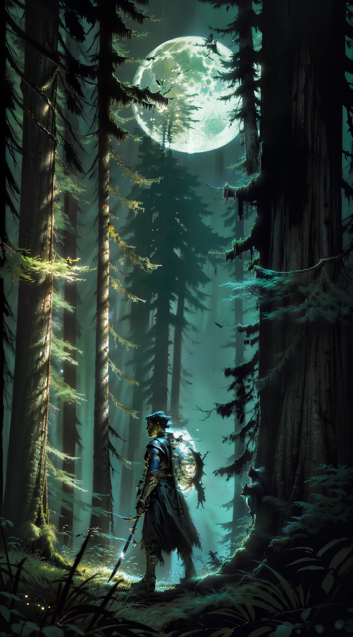 (Photorealistic high resolution image) Hunter of the nocturnal forest, full moon in the background, (scenery of dangerous forest, tall trees, sneaky animal watching) "Man hunter of "shield and sword", dressed as a warrior.