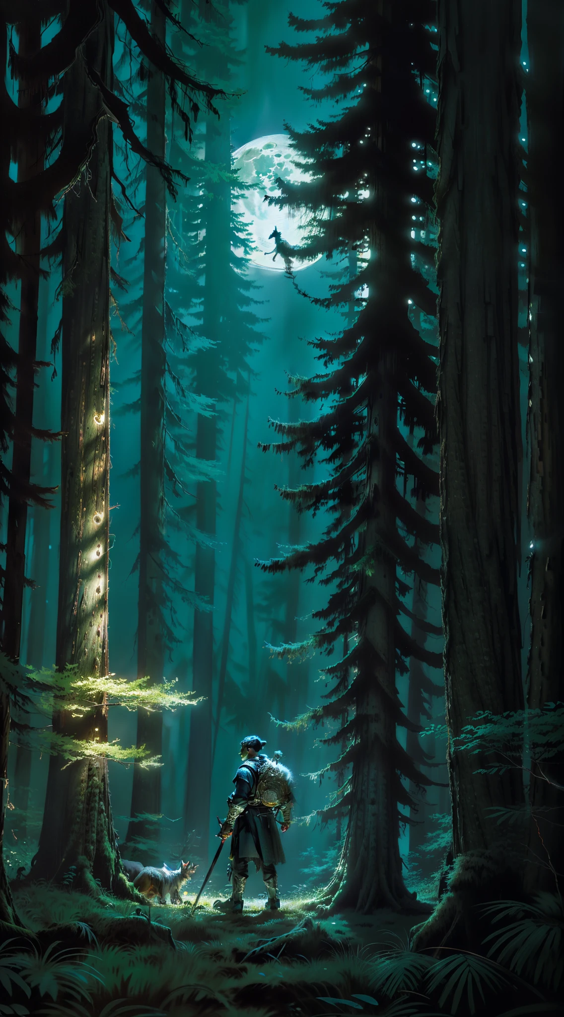 (Photorealistic high resolution image) Hunter of the nocturnal forest, full moon in the background, (scenery of dangerous forest, tall trees, sneaky animal watching) "Man hunter of "shield and sword", dressed as a warrior.