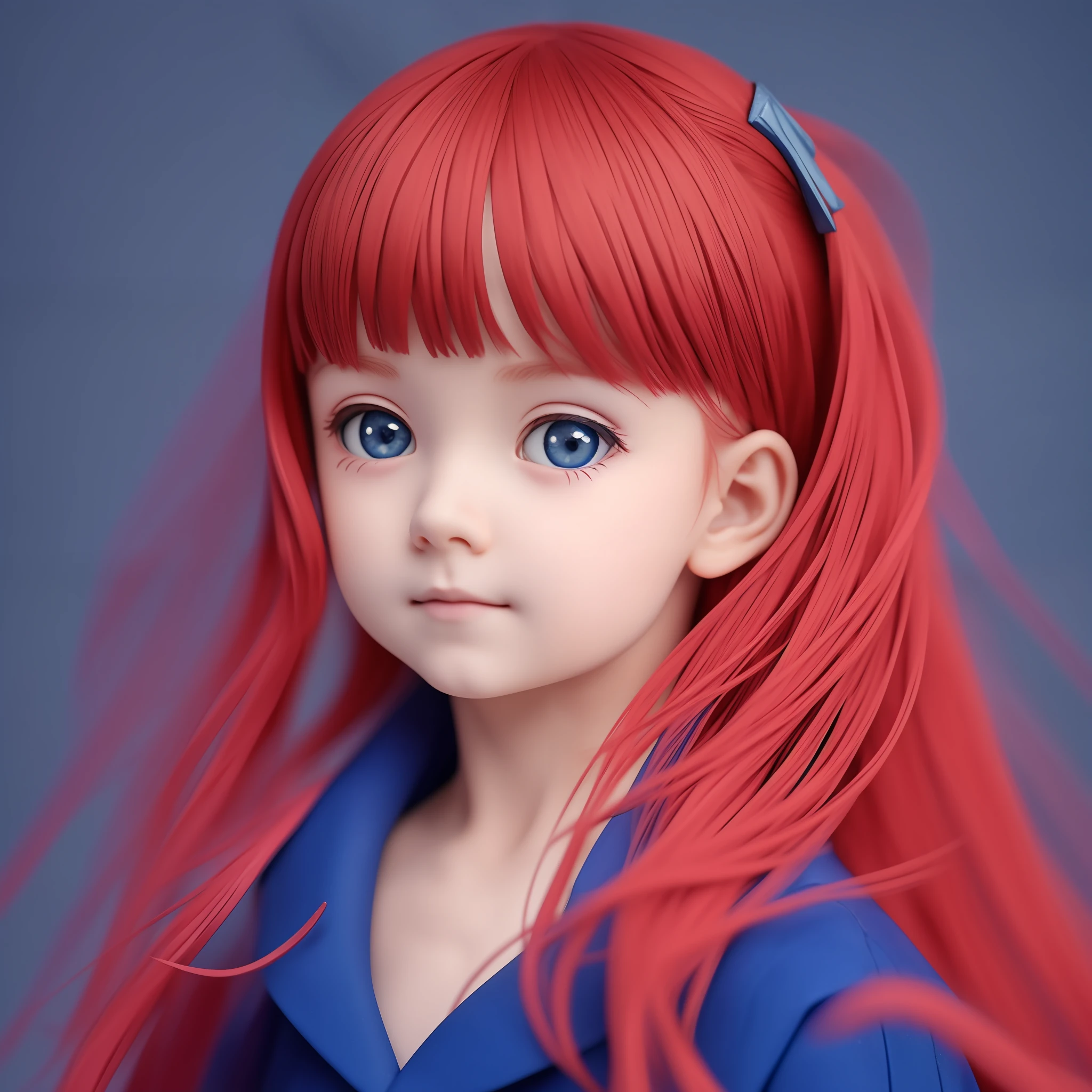 ((high quality)), ((masterpiece)), little girl, red hair, blue coat, slender eyes