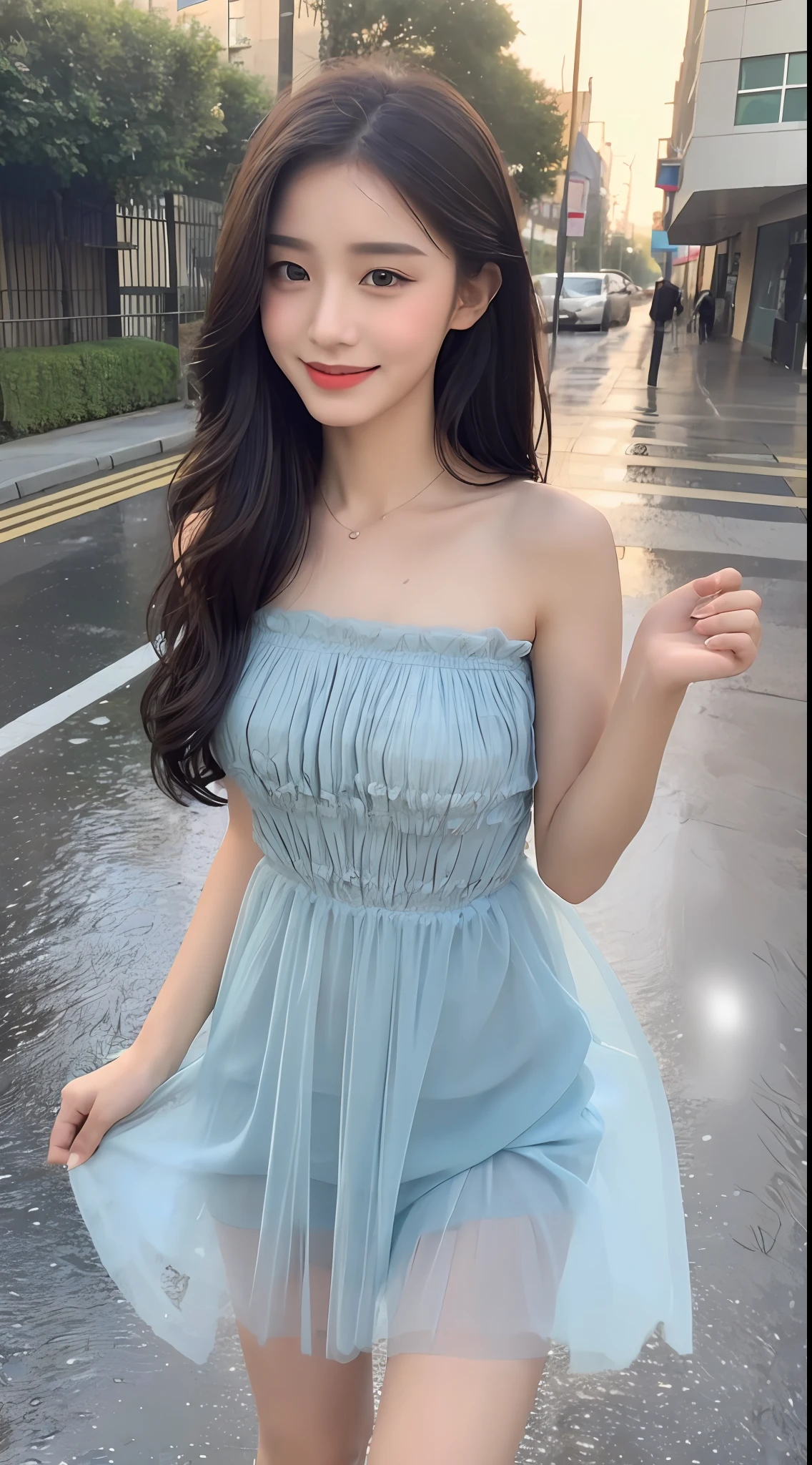 ((Best Quality, 8k, Masterpiece:1.3)), Focus:1.2, Perfect Body Beauty:1.4, Buttocks:1.2, ((Long Hair)), (Wet Clothes:1.1) , (Rain, Street:1.3), Bandeau Dress: 1.1, Highly Detailed Face and Skin Texture, Delicate Eyes, Double Eyelids, Whitened Skin, Smile, Ruddy, Sexy, Tulle Dress