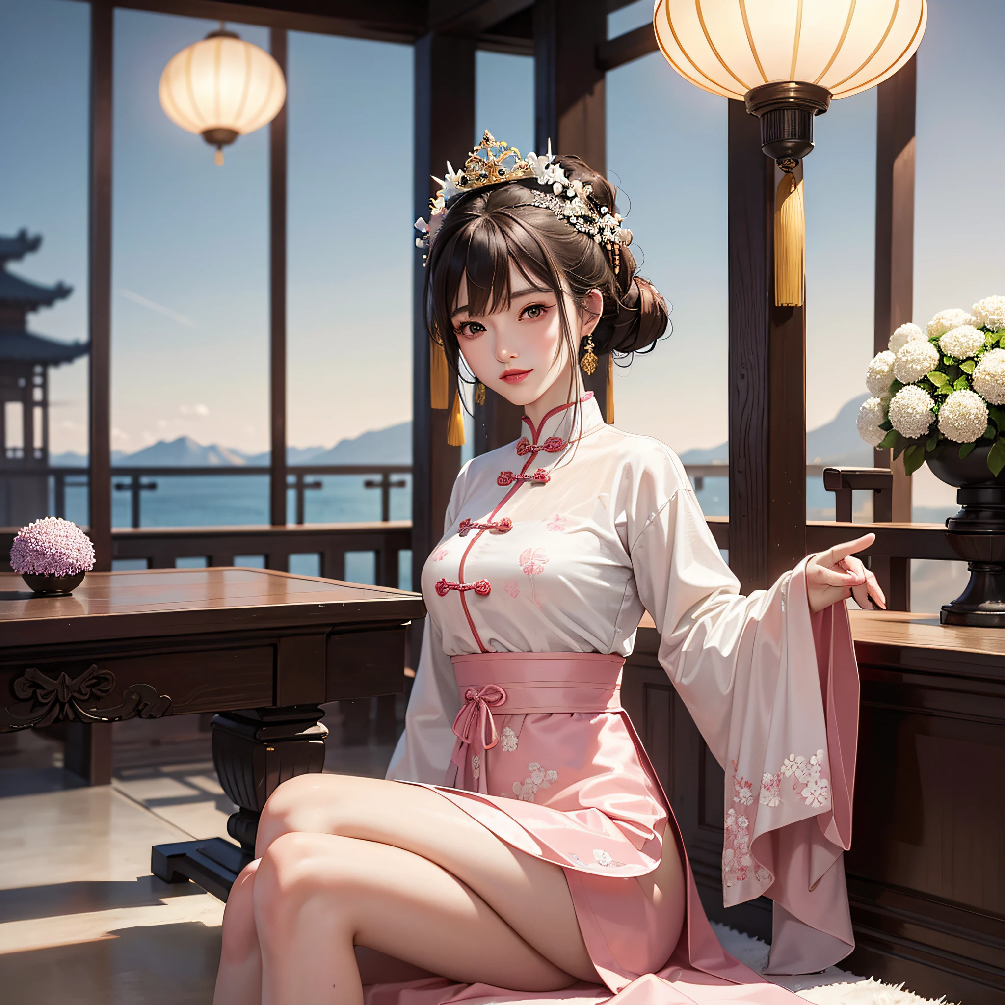 Masterpiece: The Best Night Full Moon 1 Female Mature Chinese Style Ancient Chinese Sister Royal Sister Smile Brown Hair Princess Cut Single Twist Braid Double Pill Head Light Pink Lips, Calm, Intellectual, Medium Hair, Green Eyes, Hairpin, Hydrangea,
