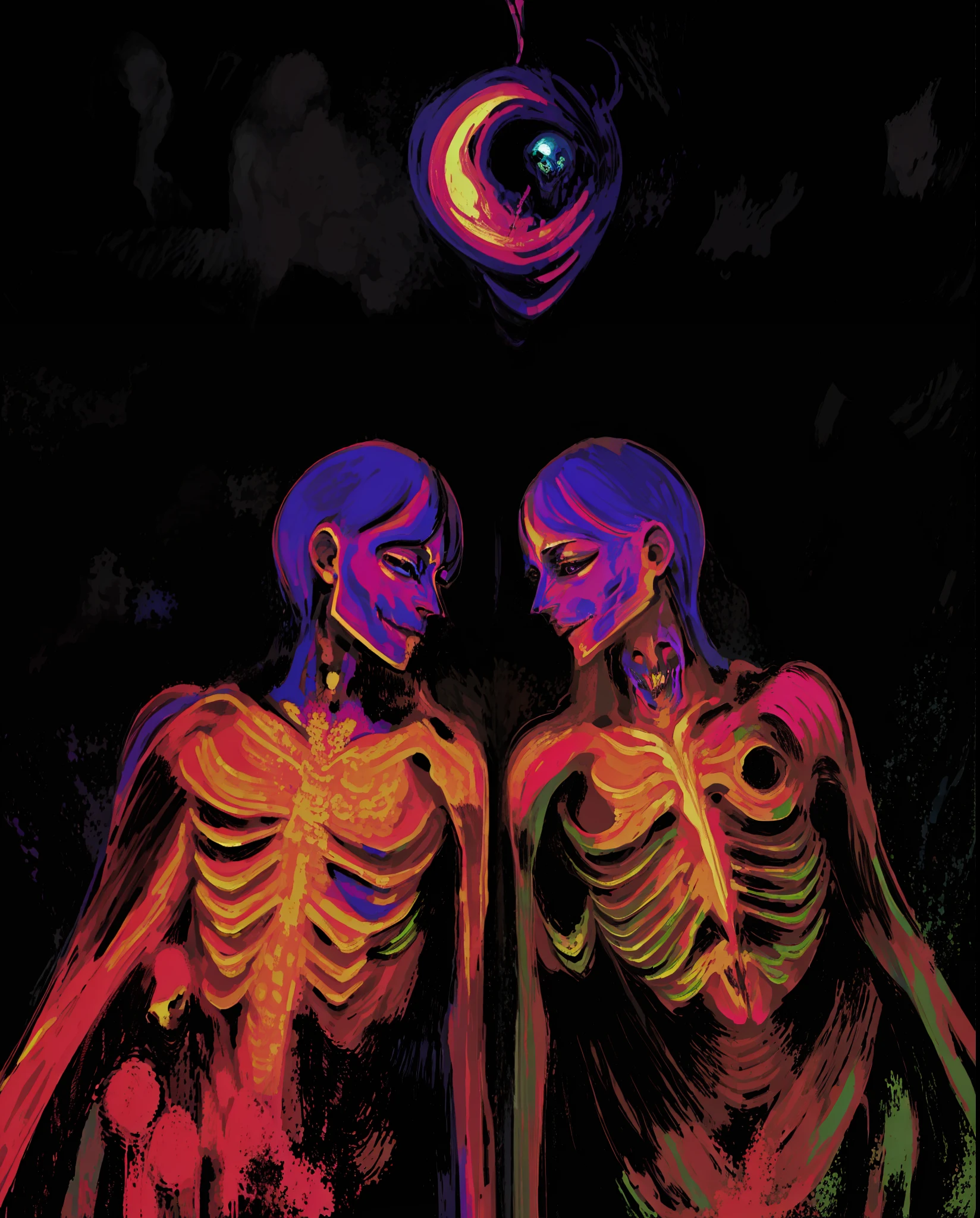 two skeletons are standing in the dark with a crescent above them, psychedelic aesthetic, human bodies intertwined, trippy art, intertwined full body view, humanoids overgrown with flowers, psychedelic surreal art, just take a pinch of psychedelic, lsd visuals, the lovers, psychedelic art, alex grey and romero ressendi, dmt art, entwined bodies