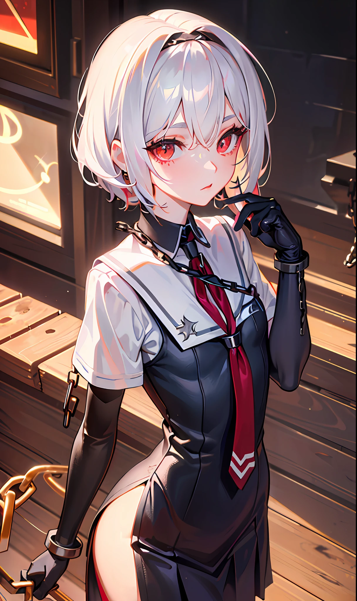 (Masterpiece, Side Light, Fine Beautiful Eyes: 1.2), (Masterpiece* Portrait), Portrait, (Bust), Realistic, Anatomically Correct, 3D Face, Sweet Skin, (Solo), Highlights, Gradient Hair, (Close-up of Face), Cute Face, (Fire Opal General Scarlet Eyes), Hanging Eye Corners, ((High Detail Skin, Visible Pores)), (Perfect Figure), A Beautiful Girl, Small Breasts, ((school_uniform), (Neck Ring), Very, very short short gloves, (chains)